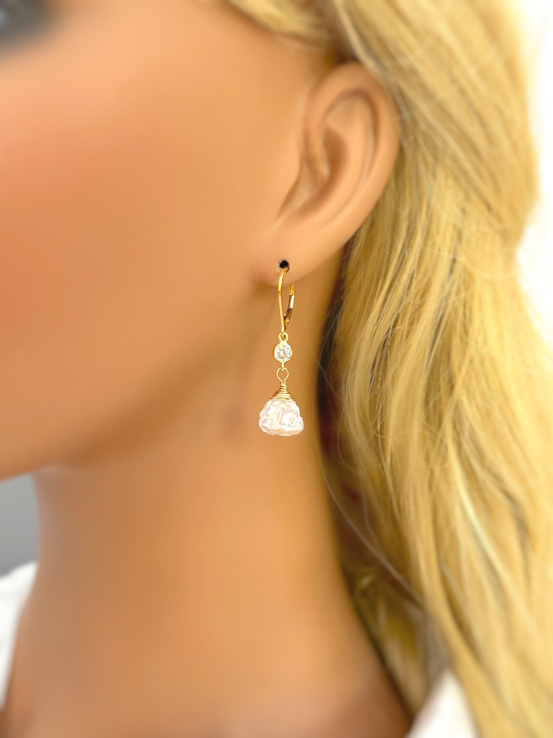 Pearl Drop earrings gold, silver, 14k Gold dangly boho handmade Keshi baroque pearl wedding jewelry for women, bridesmaids, brides