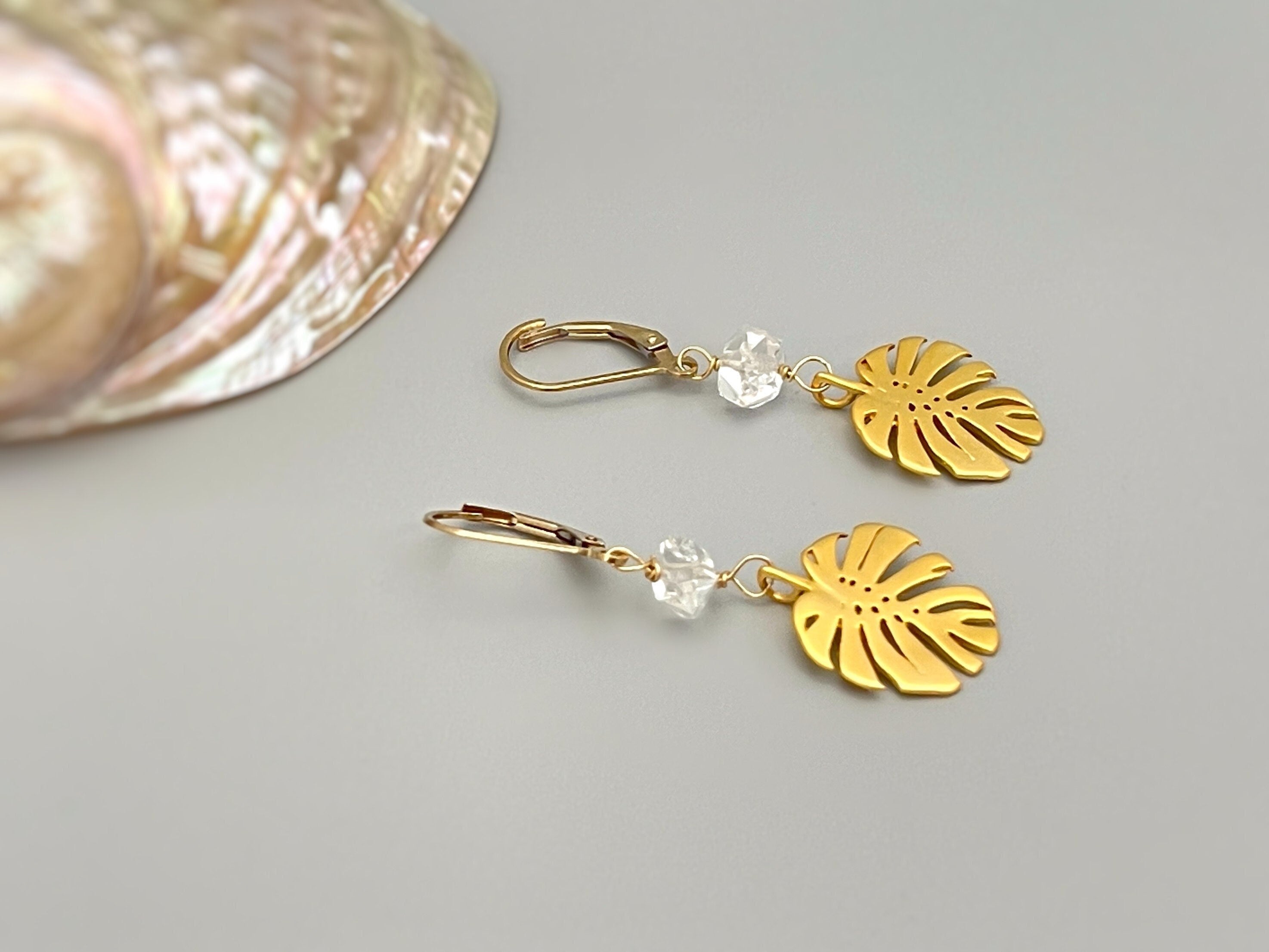 Monstera Leaf Herkimer Diamond earrings