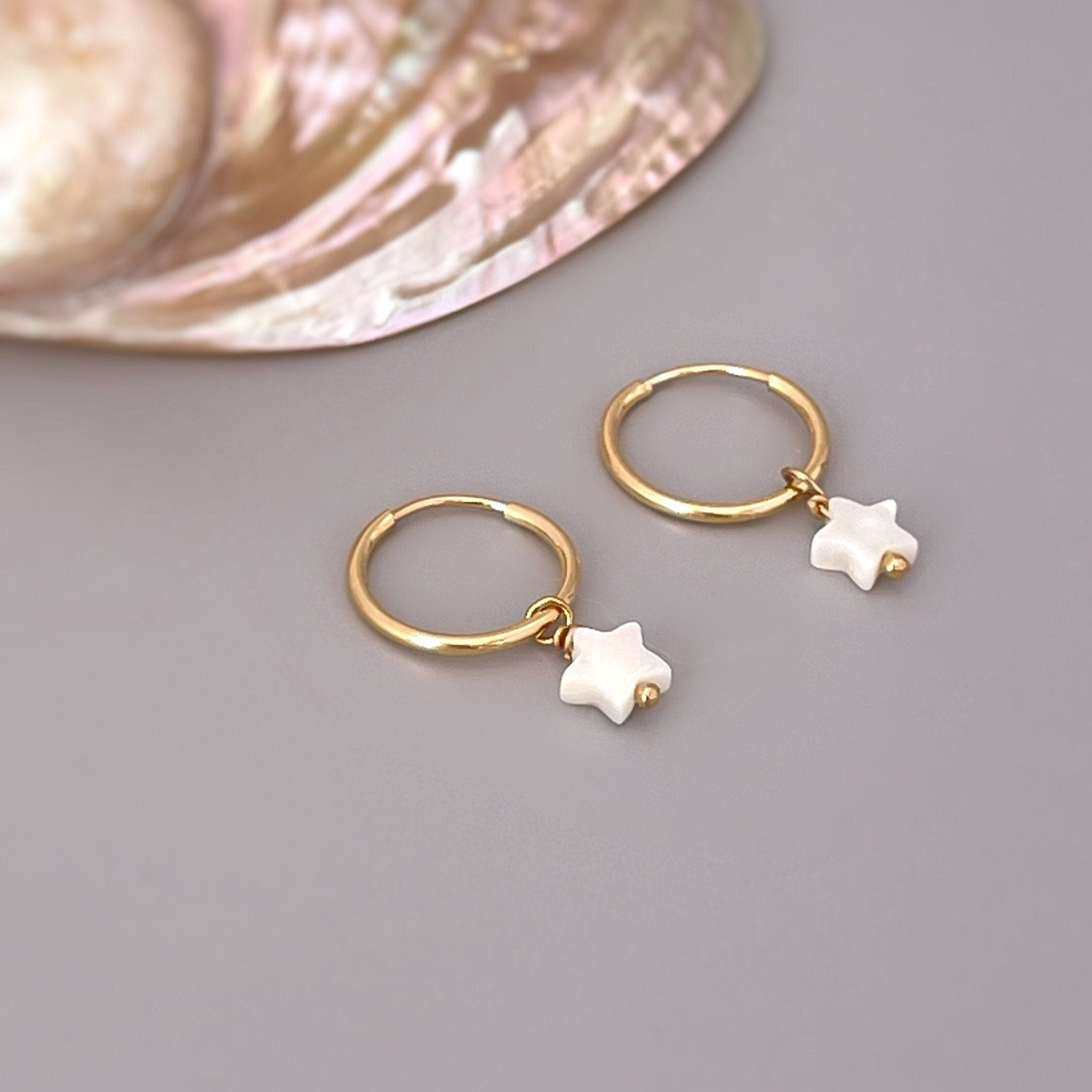 Huggie Hoop Earrings Star Mother of Pearl small hoops 14k Gold, Sterling Silver hoops handmade pearl shell Dangle drop Summer beachy jewelry