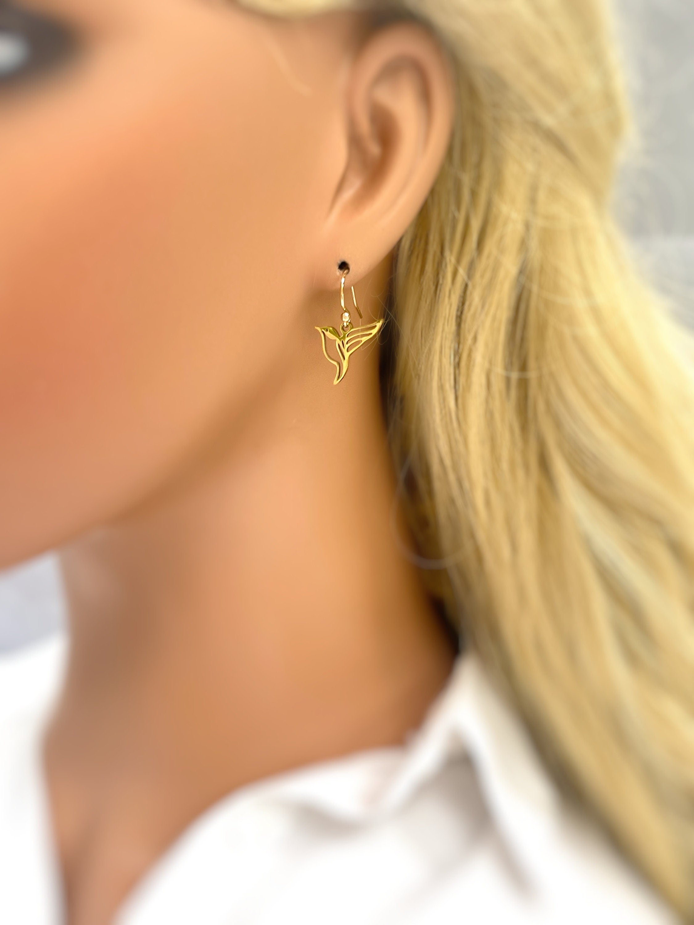 Bird Earrings dangle Gold, Silver, Hummingbird Jewelry