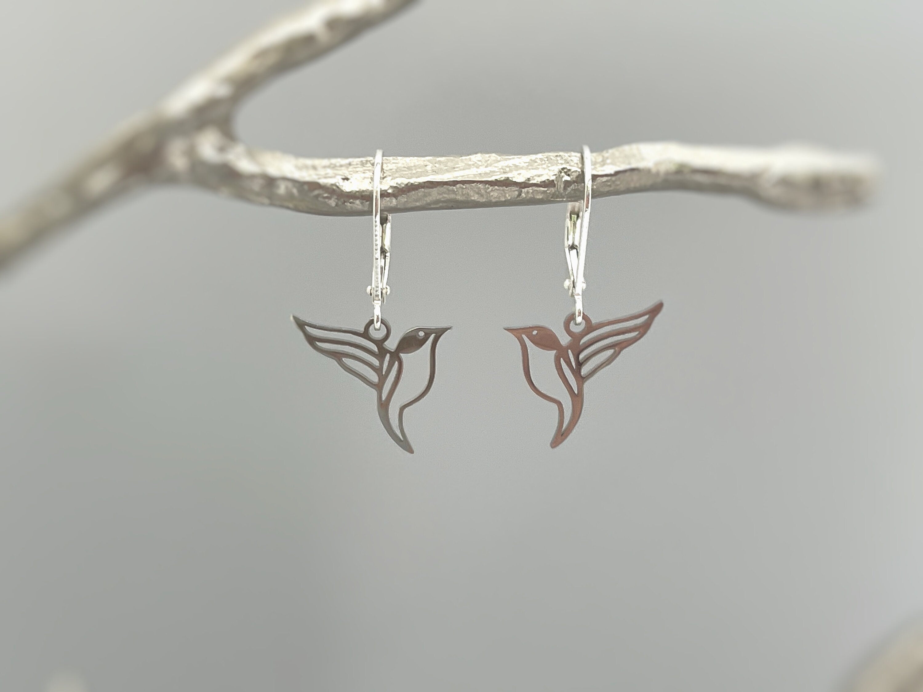 Bird Earrings dangle Gold, Silver, Hummingbird Jewelry