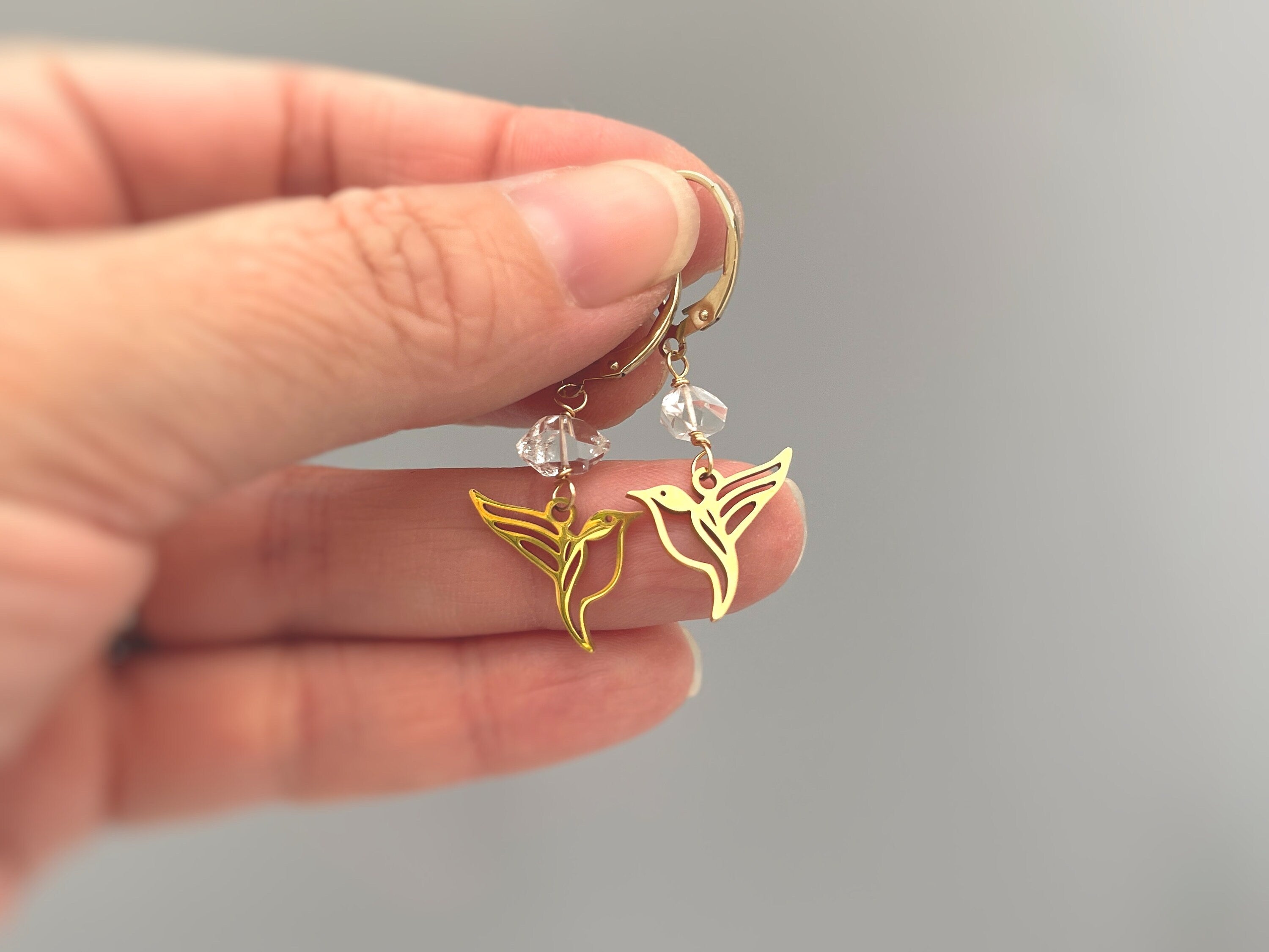 Bird Earrings dangle 14k gold, sterling silver Herkimer Diamond hummingbird Jewelry