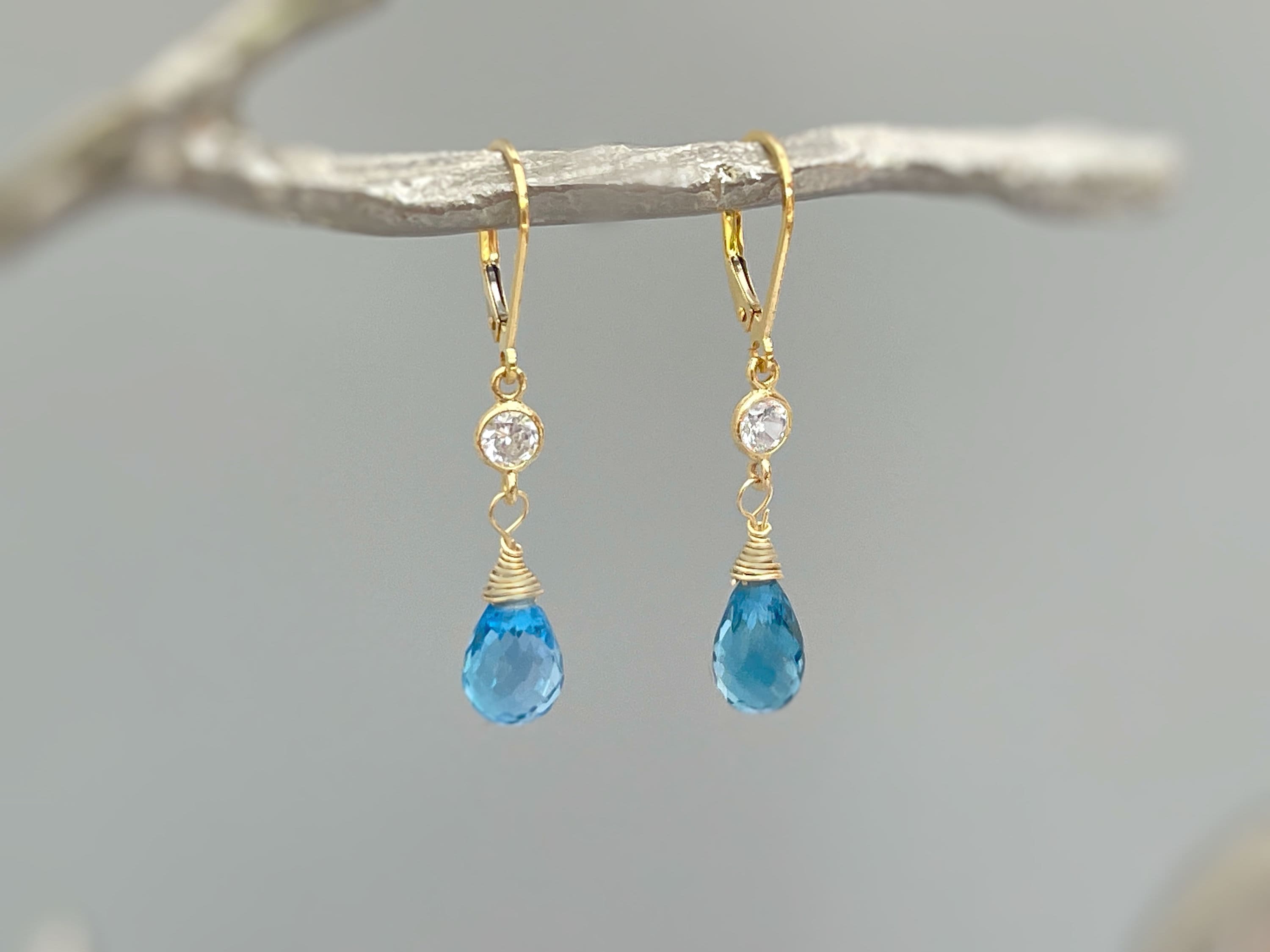 Swiss Blue Topaz earrings dangle,14k Gold, silver dangly tear drop boho handmade blue crystal jewelry for women, November Birthstone gift