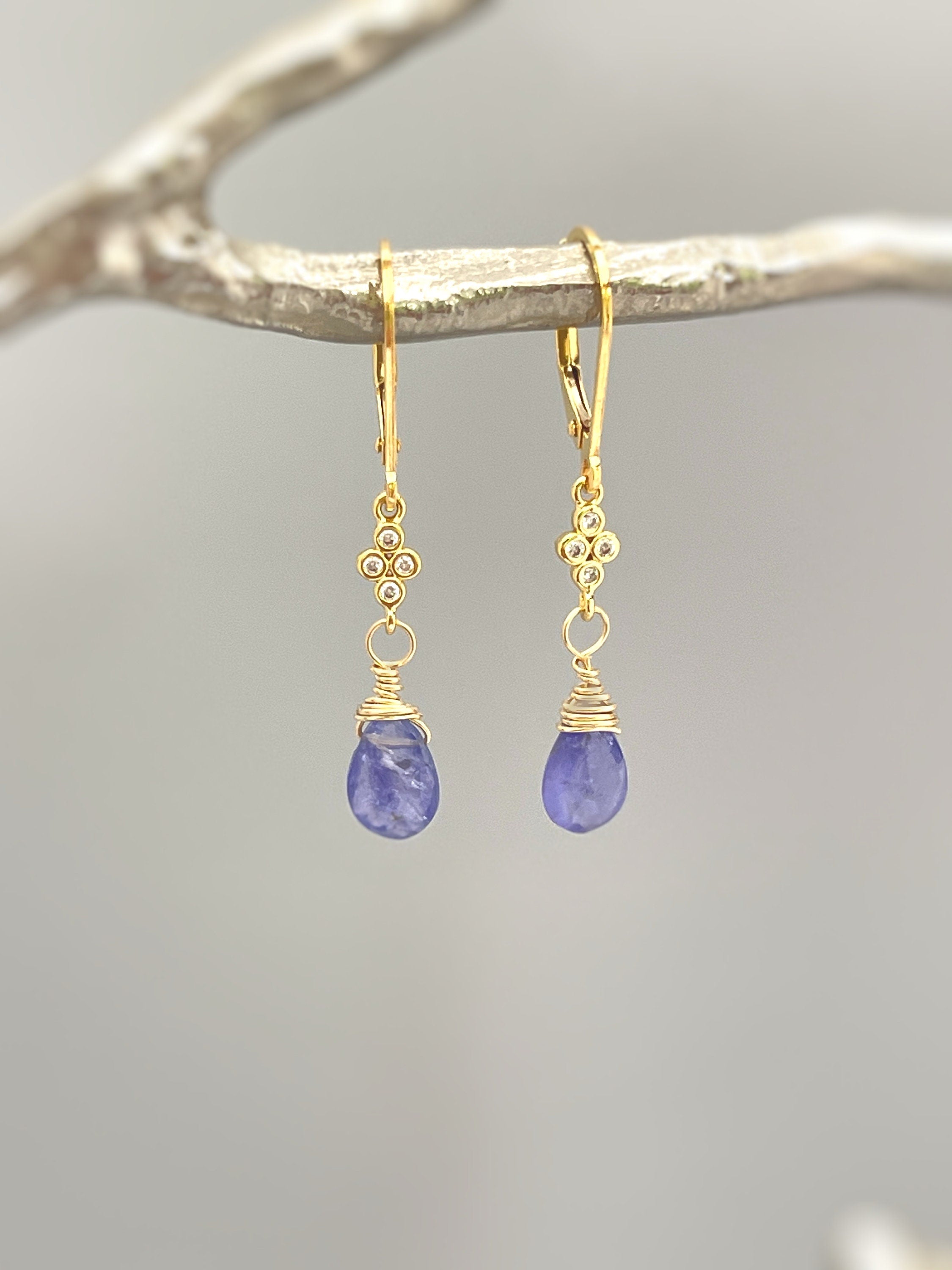 Tanzanite earrings dangle Sterling Silver, Rose Gold, 14k Gold, dangly boho dainty Purple crystal jewelry for women, December gift for wife