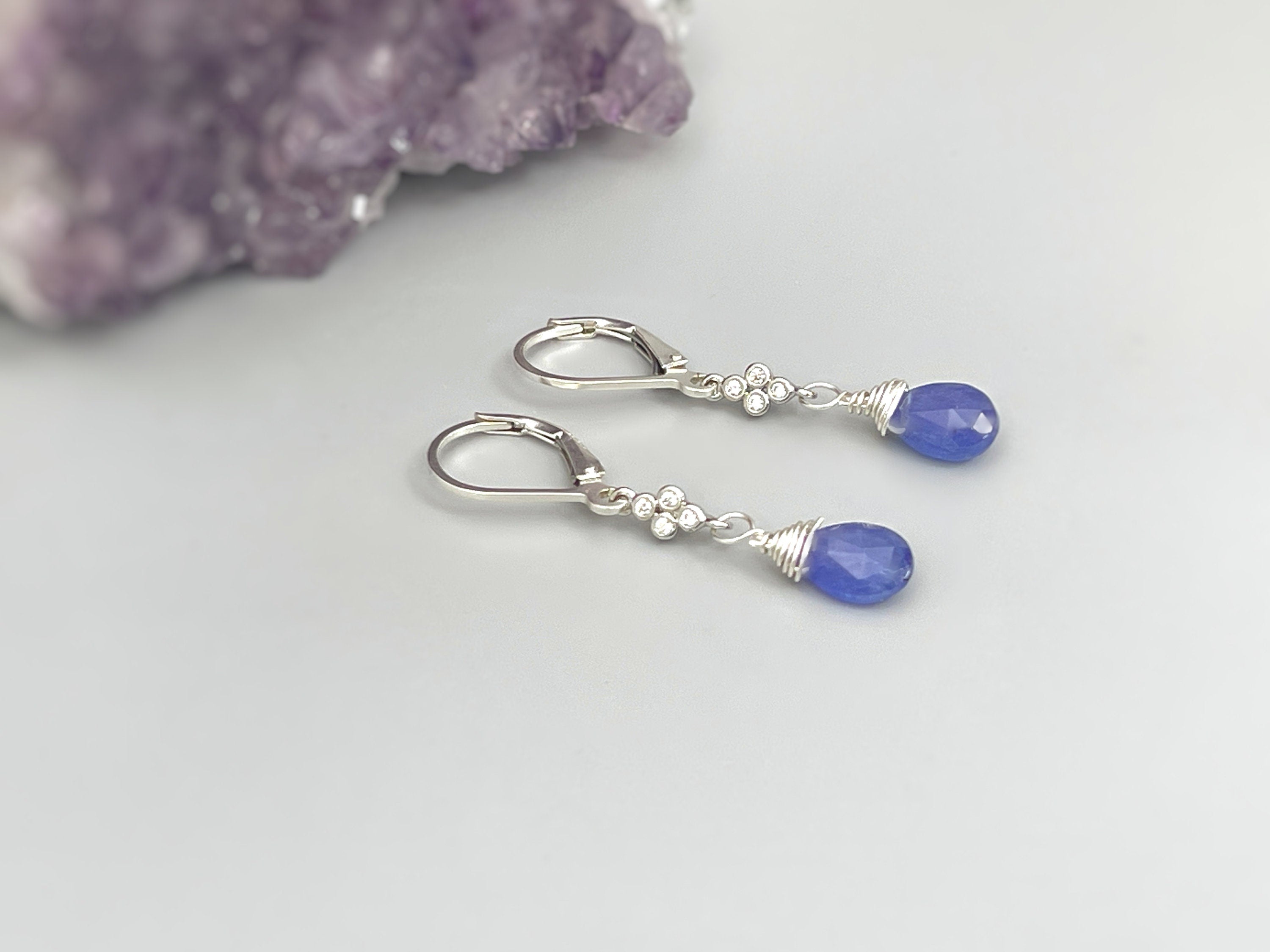 Tanzanite earrings dangle Sterling Silver, Rose Gold, 14k Gold, dangly boho dainty Purple crystal jewelry for women, December gift for wife