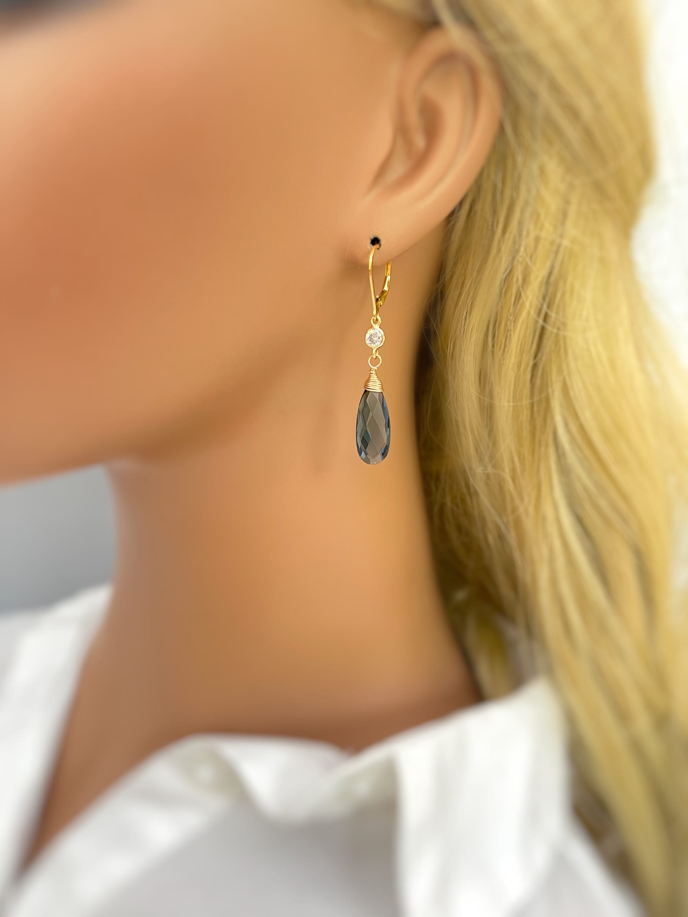 Crystal London Blue Topaz Quartz earrings dangle, drop gold