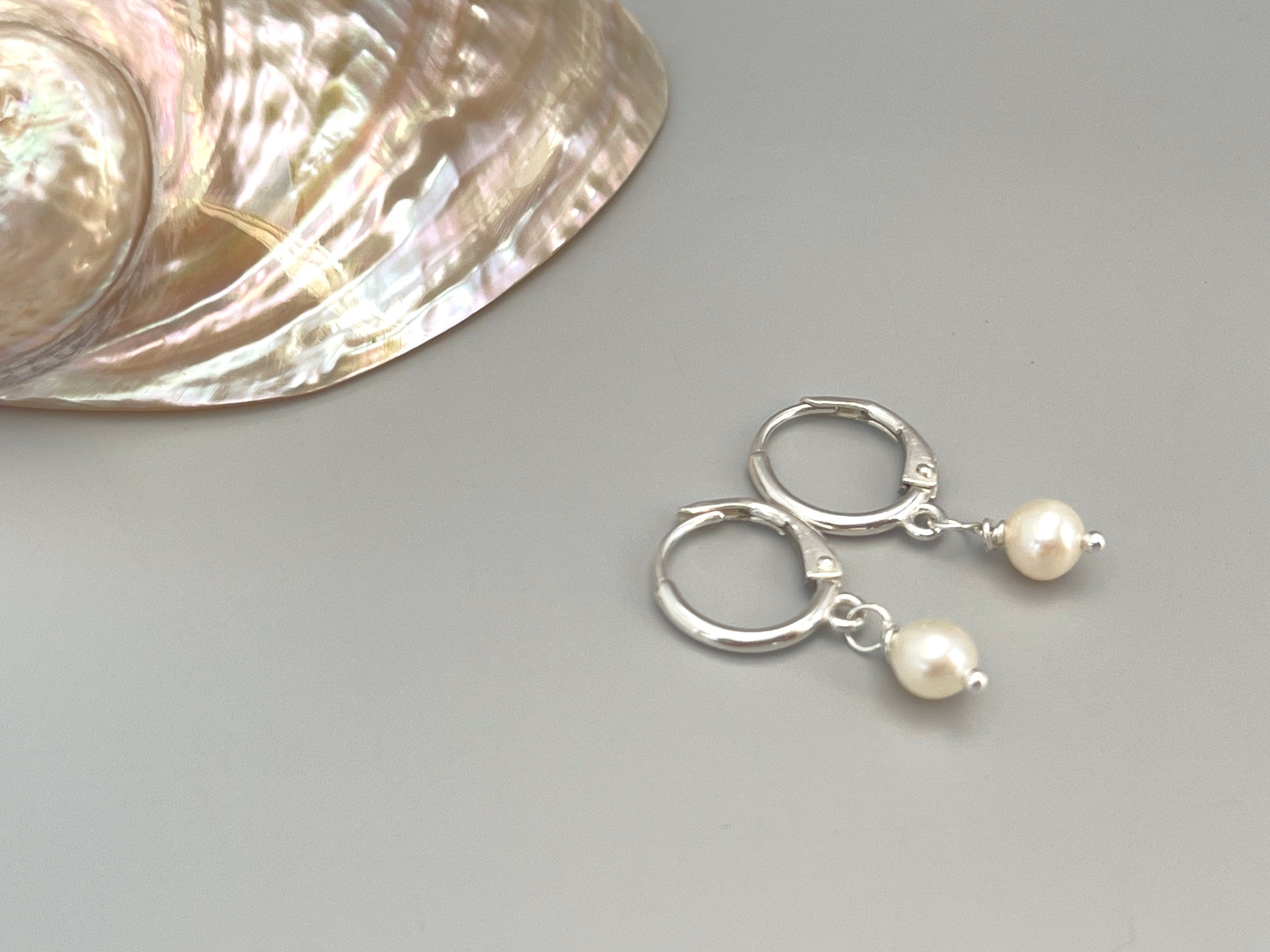 Tiny Pearl Huggie Hoop Earrings, Sterling Silver