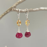 Ruby and Citrine earrings dangle, Sterling Silver