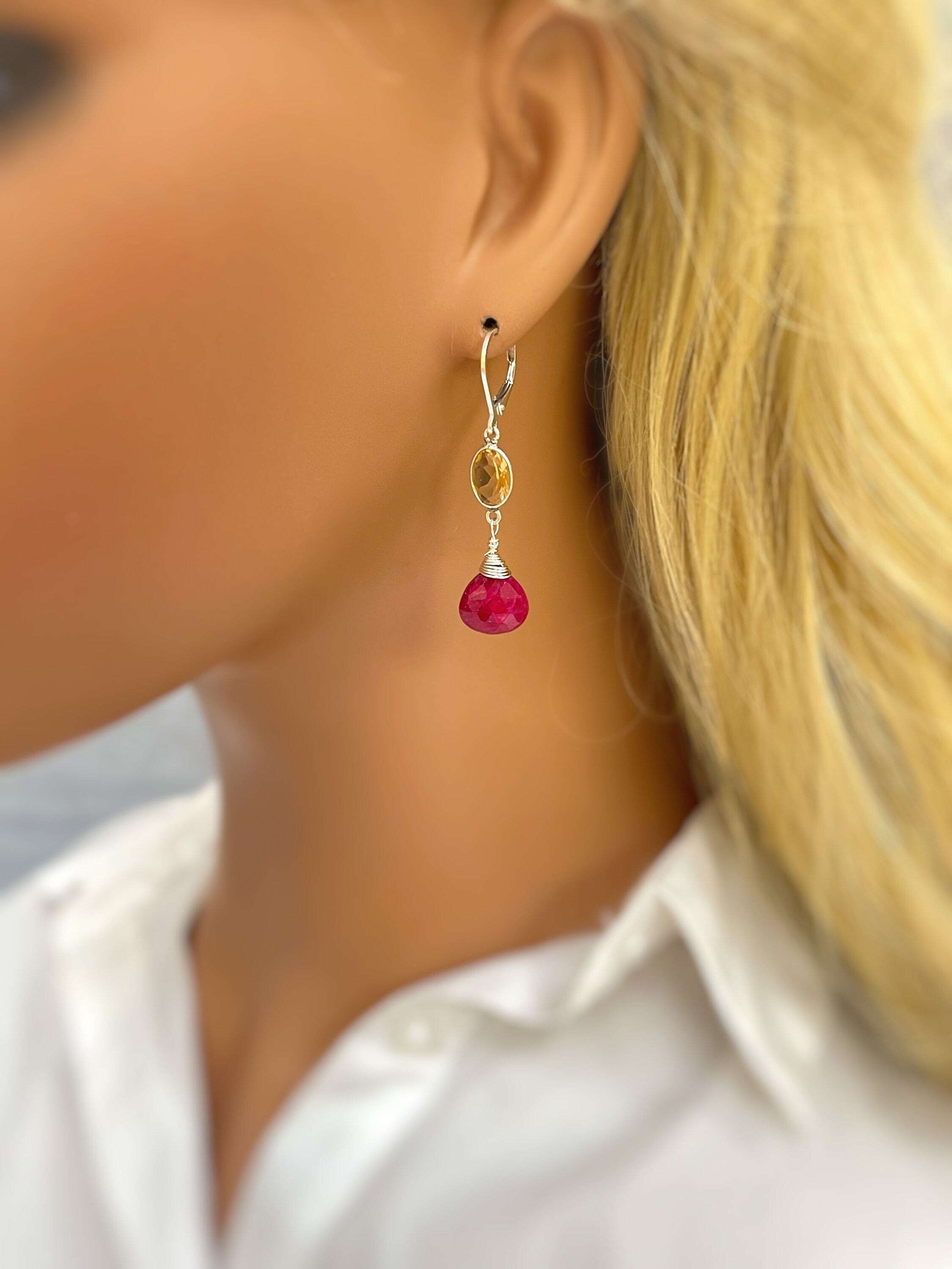 Ruby and Citrine earrings dangle, Sterling Silver