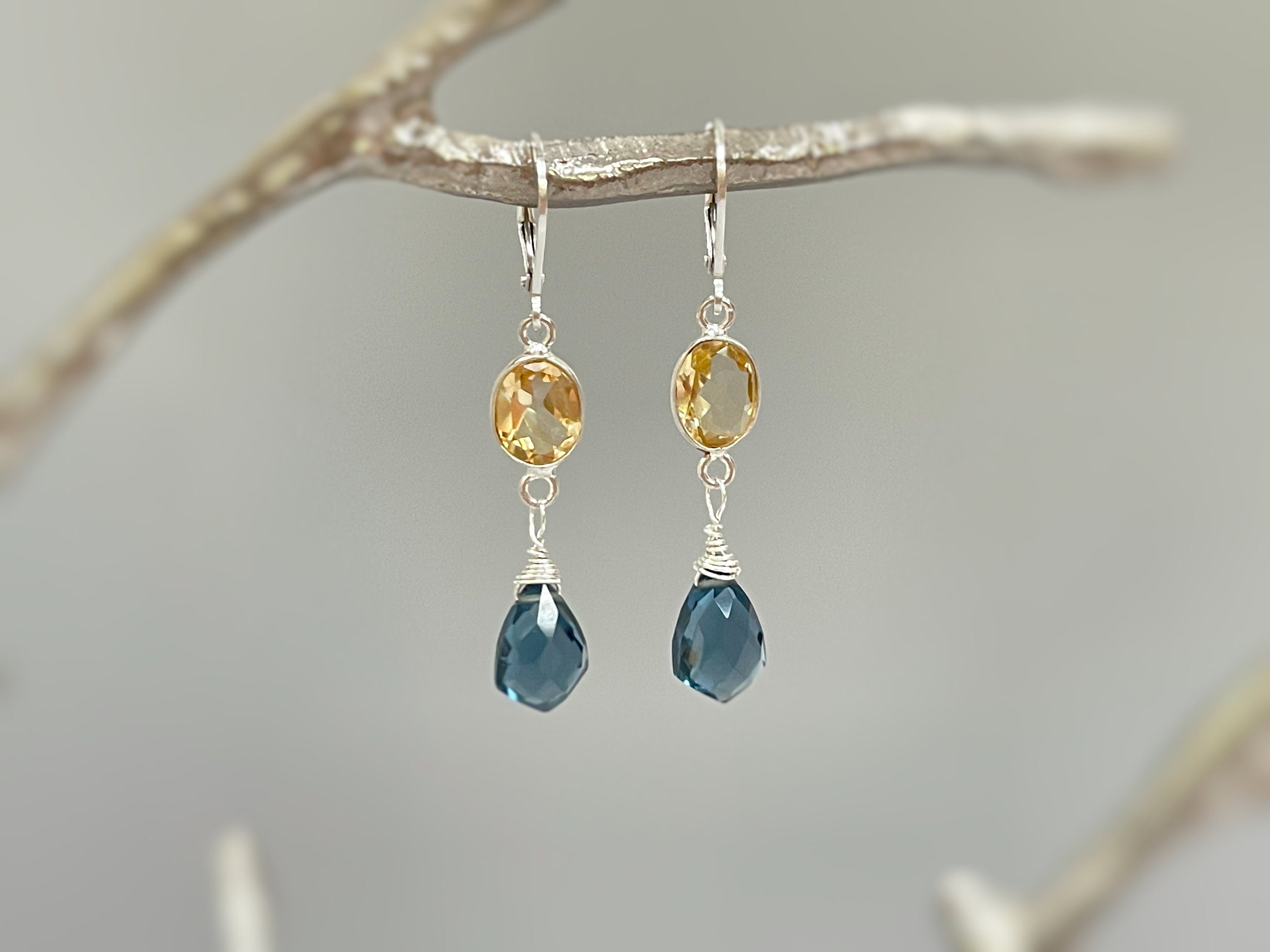 Citrine London Blue Topaz earrings dangle, Sterling Silver
