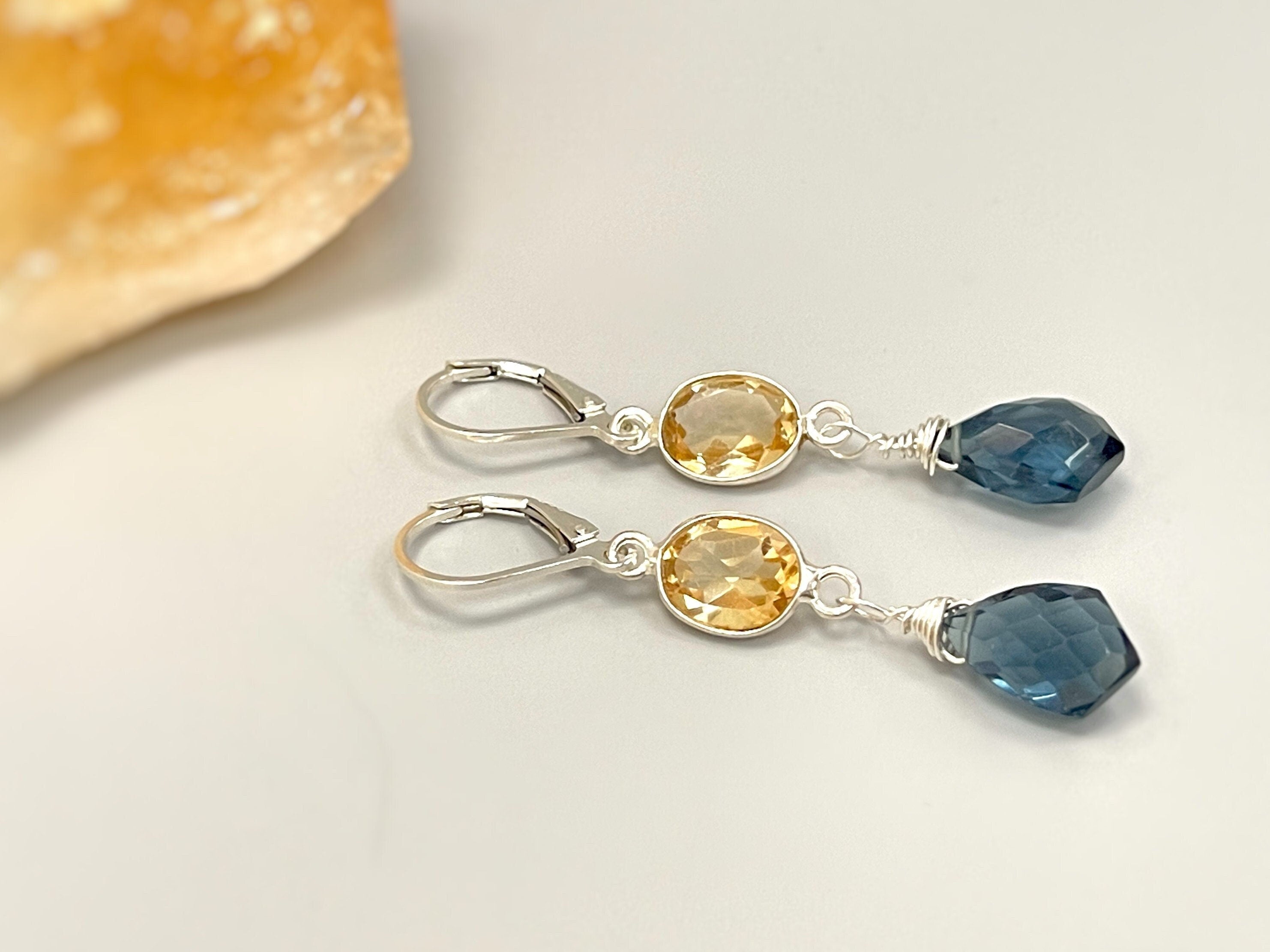 Citrine London Blue Topaz earrings dangle, Sterling Silver