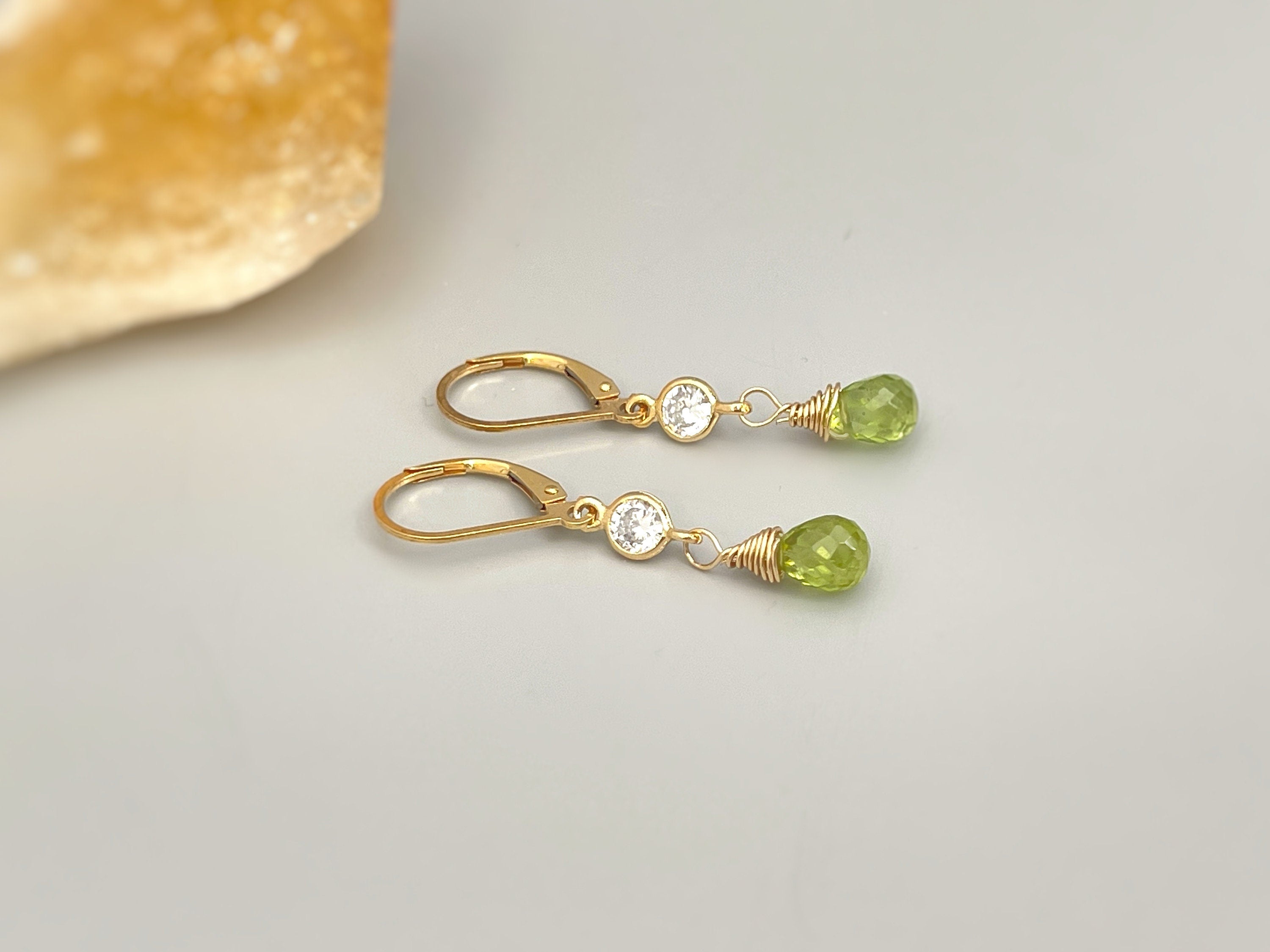 Dainty peridot earrings dangle, 14k Gold, silver dangly tear drop boho handmade green crystal jewelry for women, August Birthstone mom gift