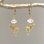 Bird Earrings dangle 14k gold, sterling silver Herkimer Diamond hummingbird Jewelry