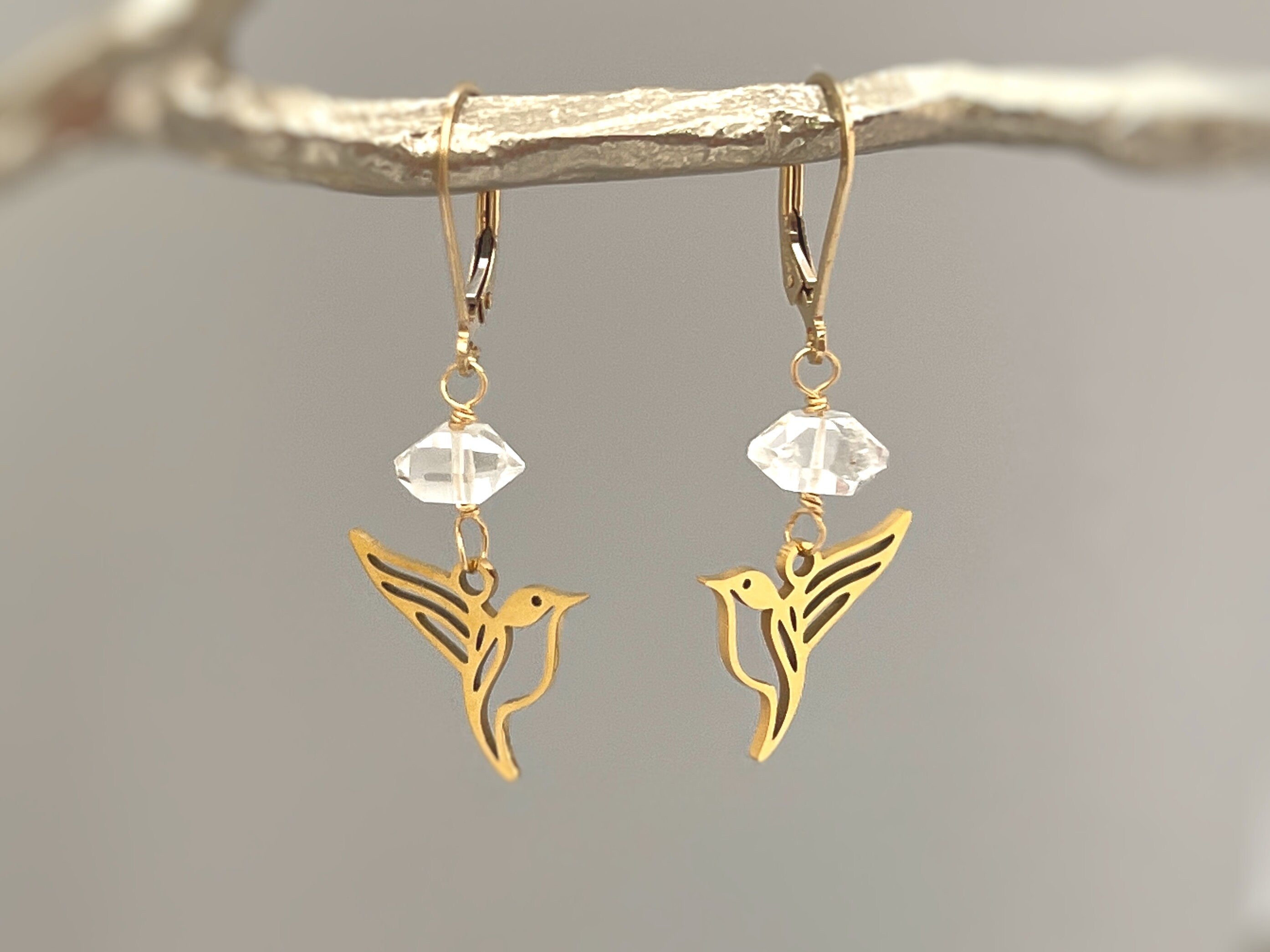 Bird Earrings dangle 14k gold, sterling silver Herkimer Diamond hummingbird Jewelry