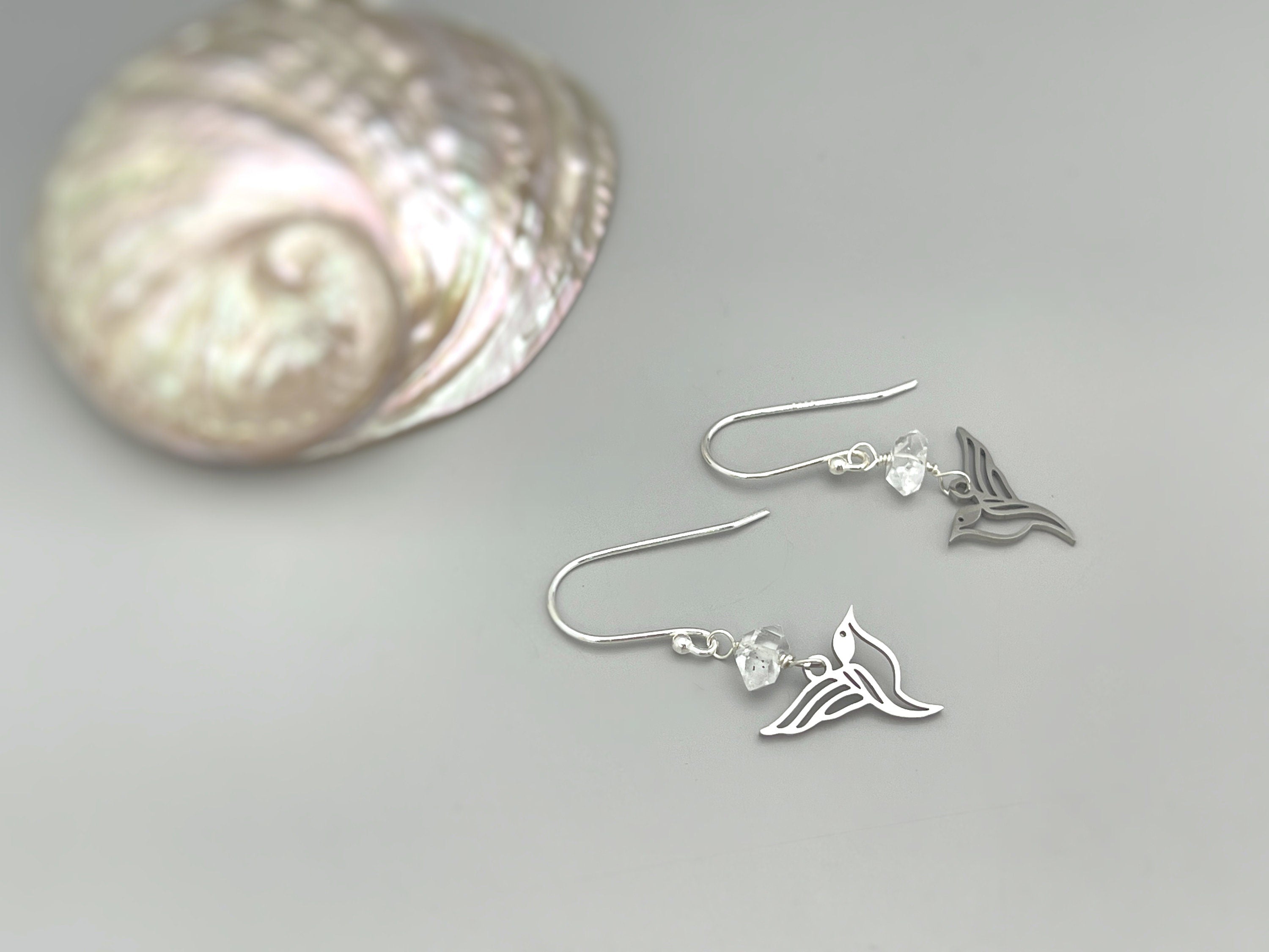 Bird Earrings dangle 14k gold, sterling silver Herkimer Diamond hummingbird Jewelry