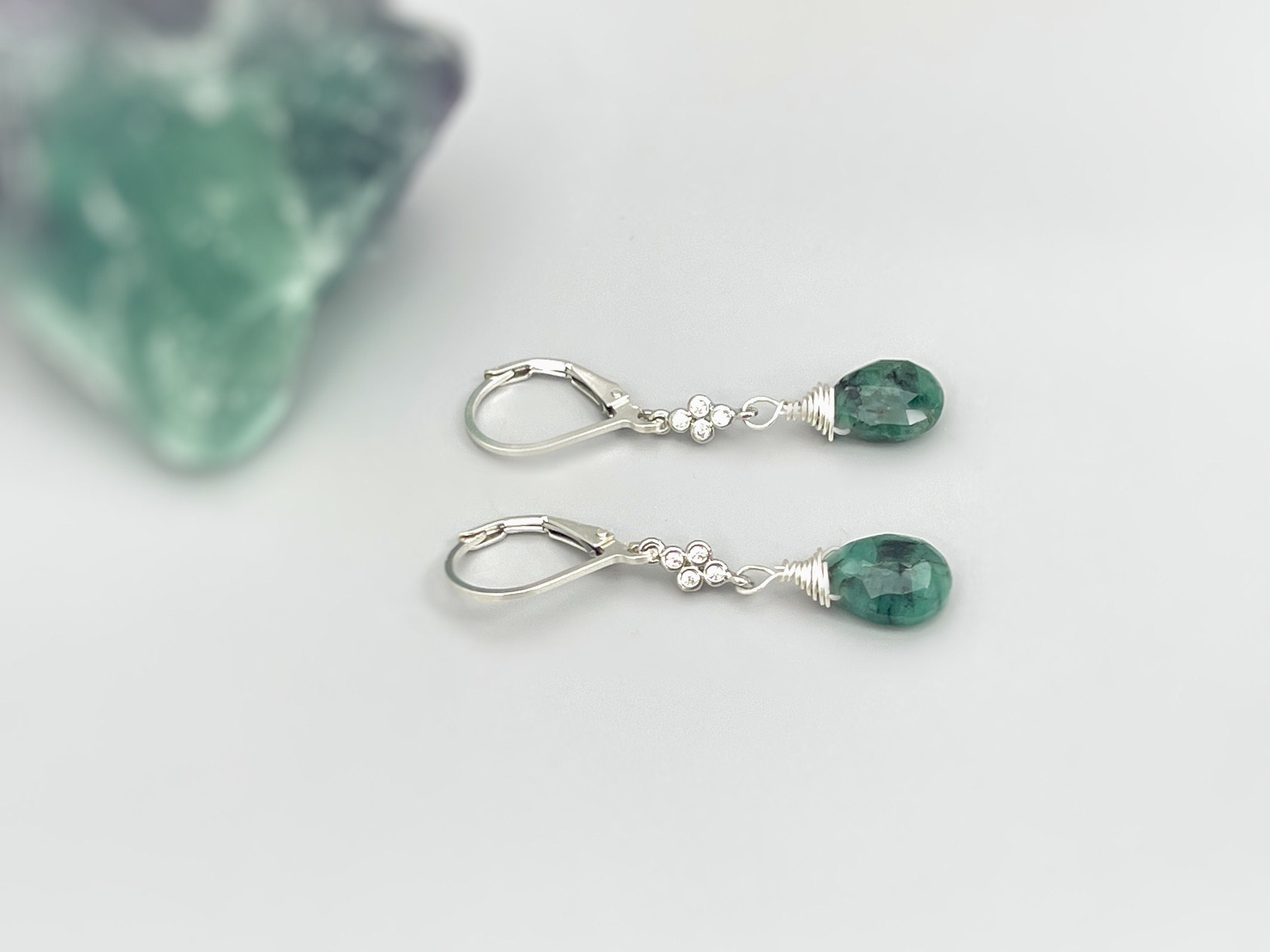 Dainty Emerald earrings dangle, Sterling Silver