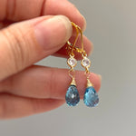 Swiss Blue Topaz earrings dangle,14k Gold, silver dangly tear drop boho handmade blue crystal jewelry for women, November Birthstone gift