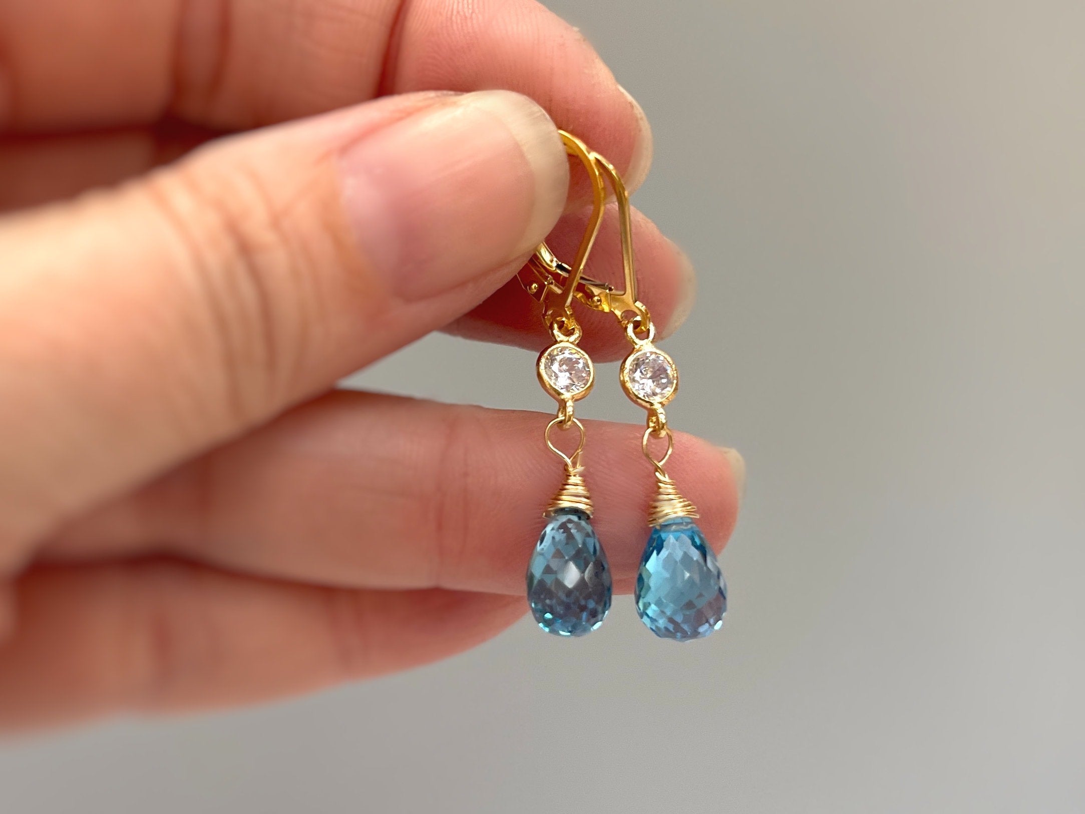 Swiss Blue Topaz earrings dangle,14k Gold, silver dangly tear drop boho handmade blue crystal jewelry for women, November Birthstone gift