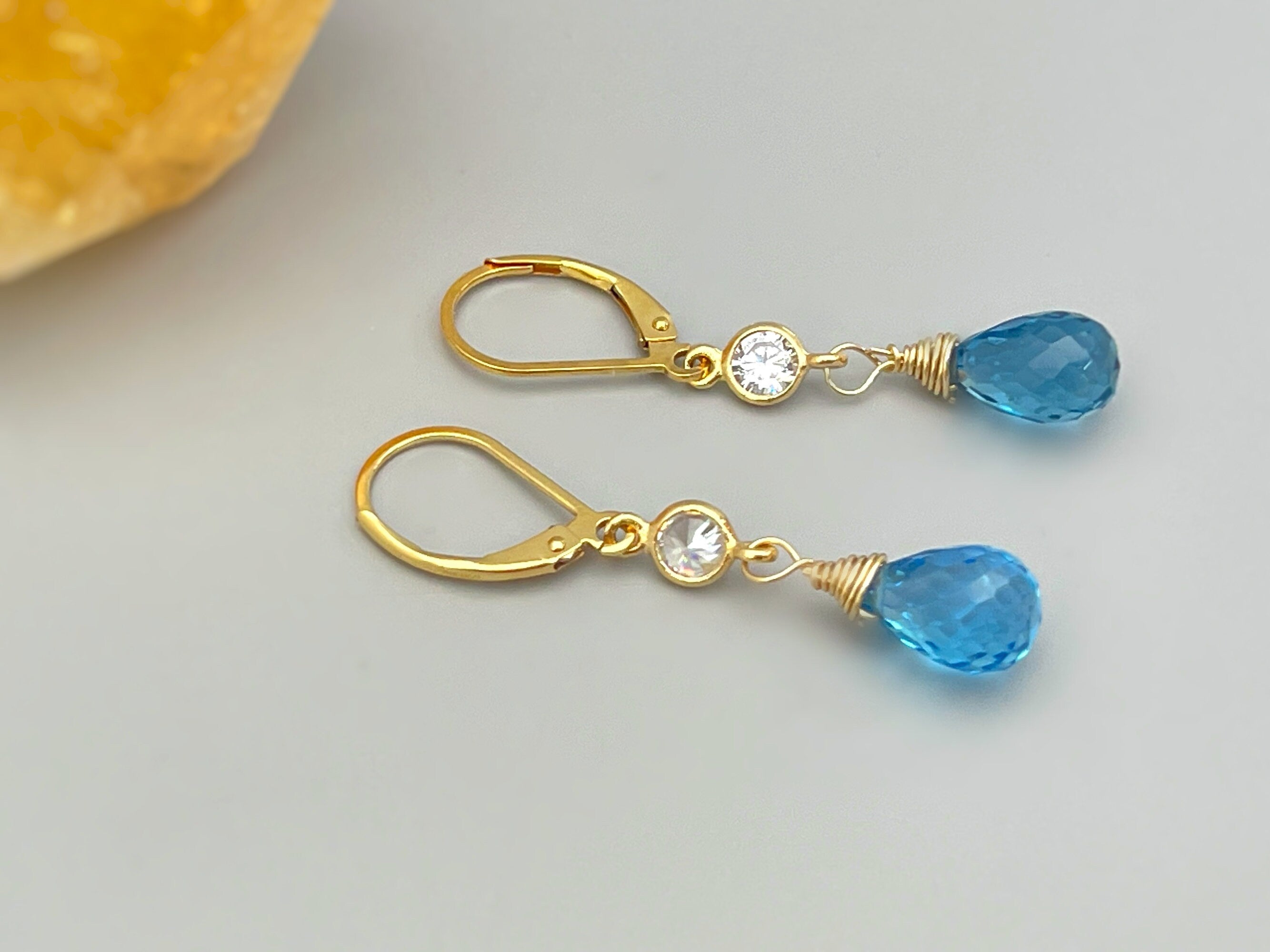 Swiss Blue Topaz earrings dangle,14k Gold, silver dangly tear drop boho handmade blue crystal jewelry for women, November Birthstone gift