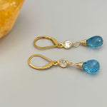 Swiss Blue Topaz earrings dangle,14k Gold, silver dangly tear drop boho handmade blue crystal jewelry for women, November Birthstone gift