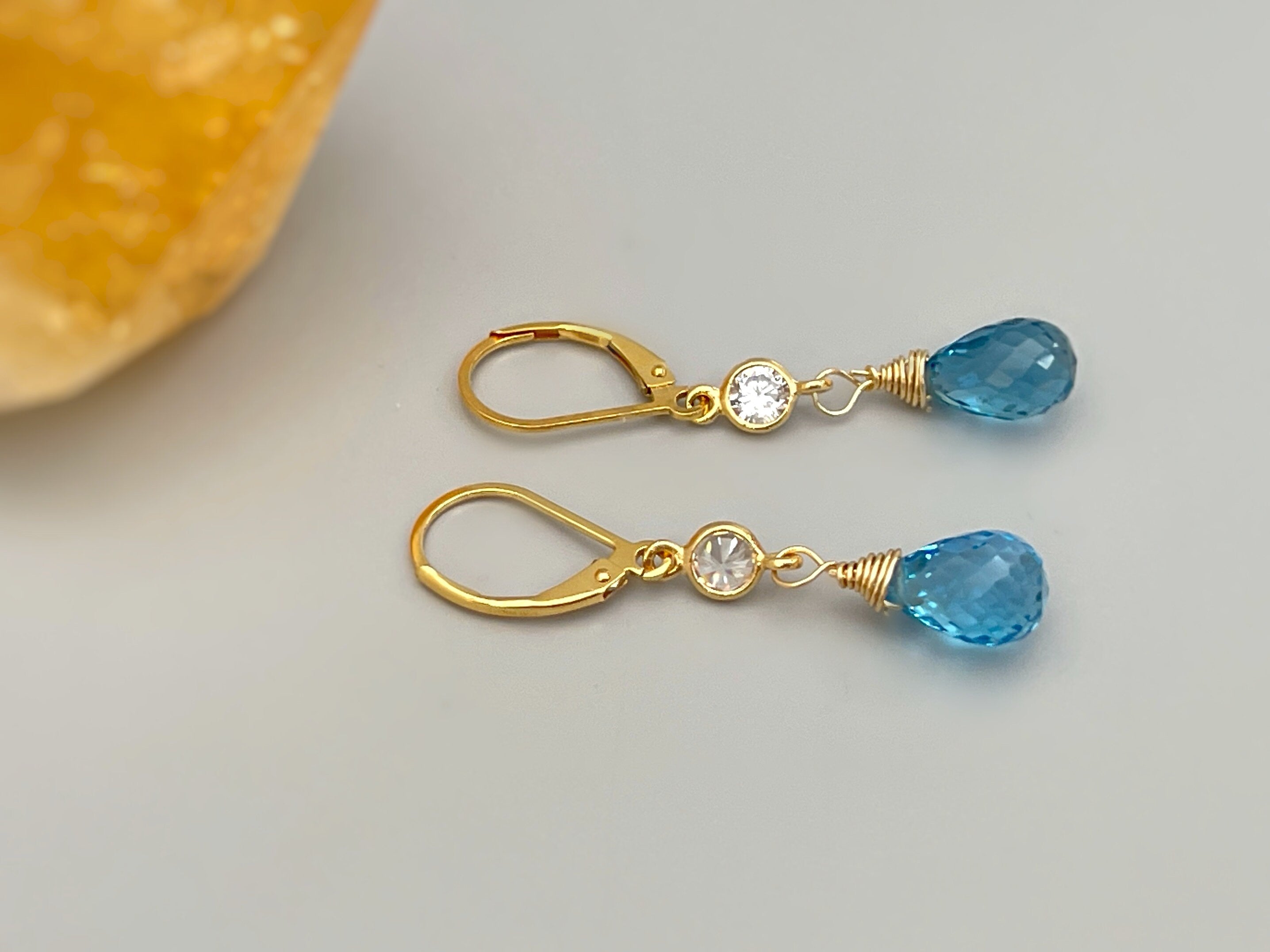 Swiss Blue Topaz earrings dangle,14k Gold, silver dangly tear drop boho handmade blue crystal jewelry for women, November Birthstone gift