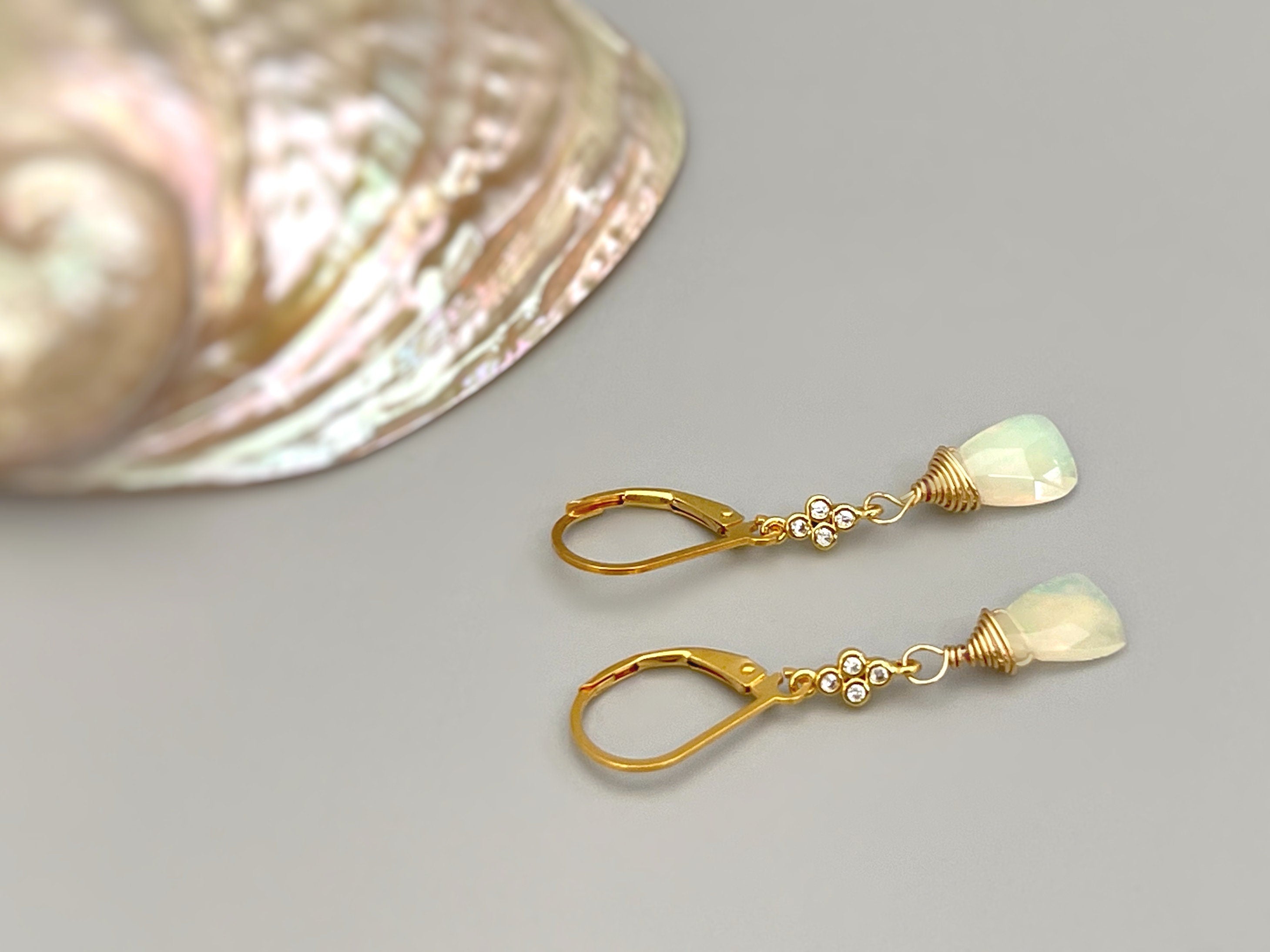 Genuine Opal earrings dangle, 14k Gold, Rose Gold, Sterling Silver with crystals