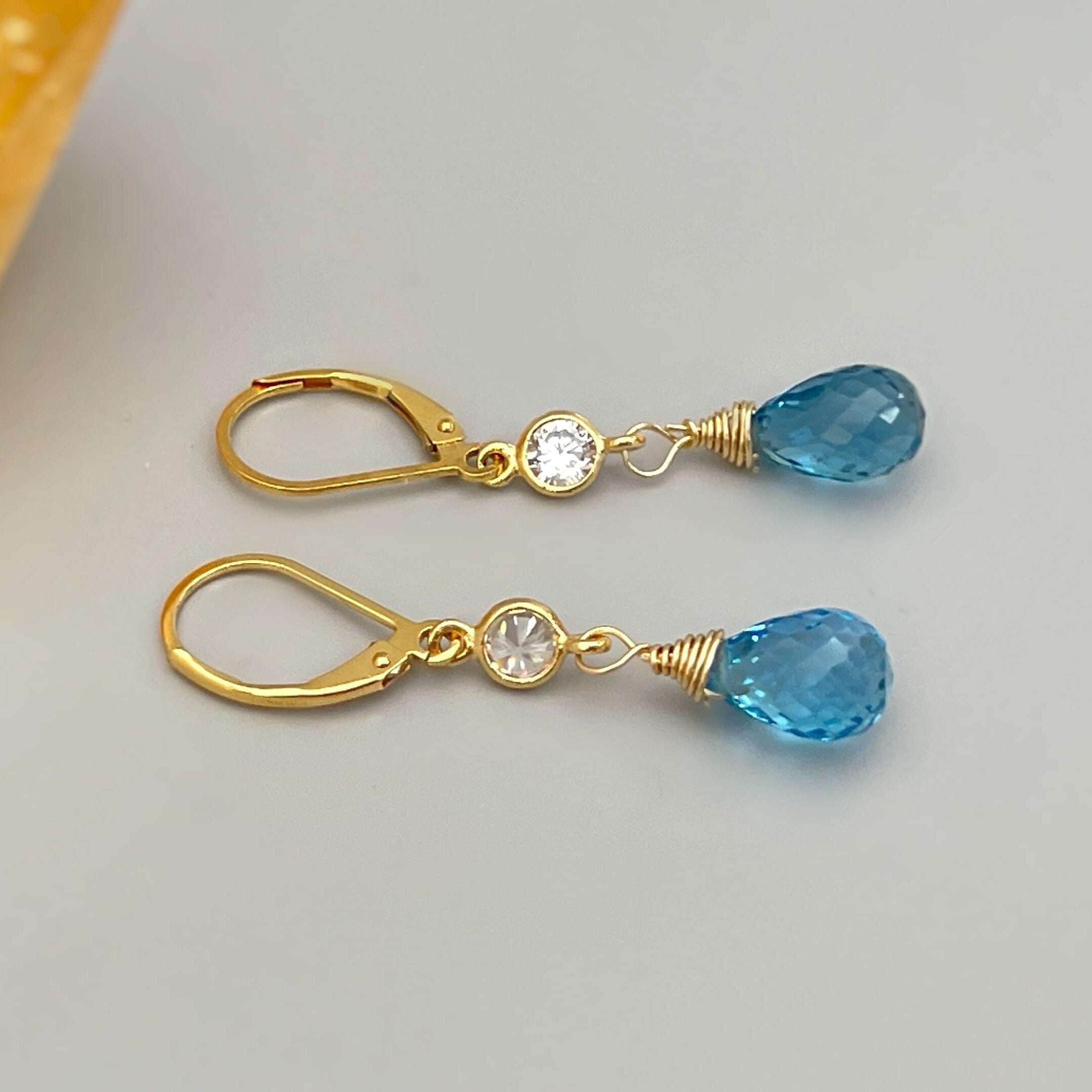 Swiss Blue Topaz earrings dangle,14k Gold, silver dangly tear drop boho handmade blue crystal jewelry for women, November Birthstone gift