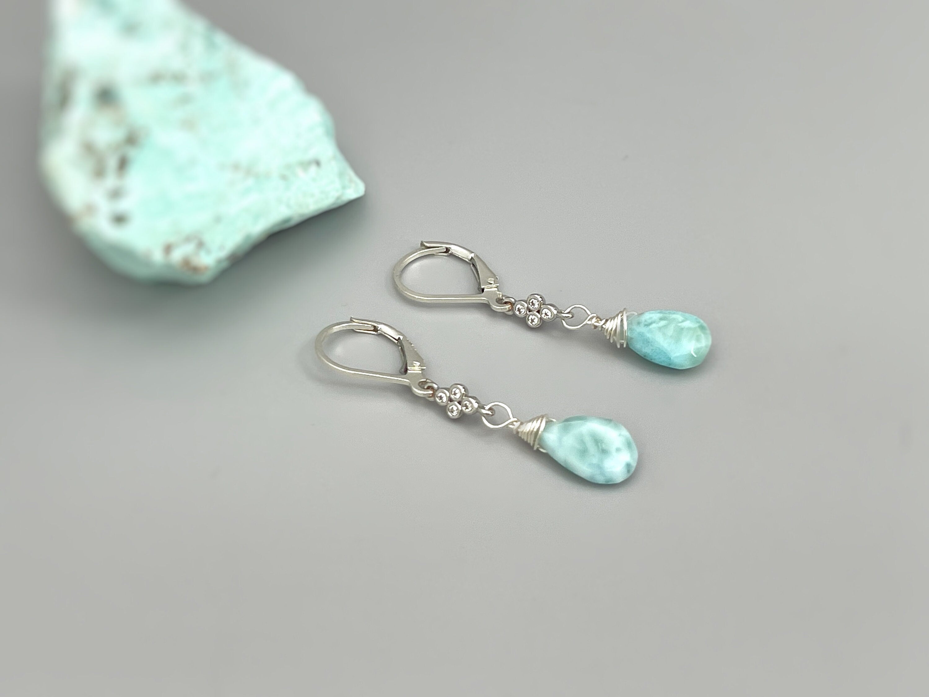 Larimar earrings dangle Sterling Silver, Rose Gold, 14k Gold, dainty dangly boho blue crystal jewelry for women, unique gift for wife