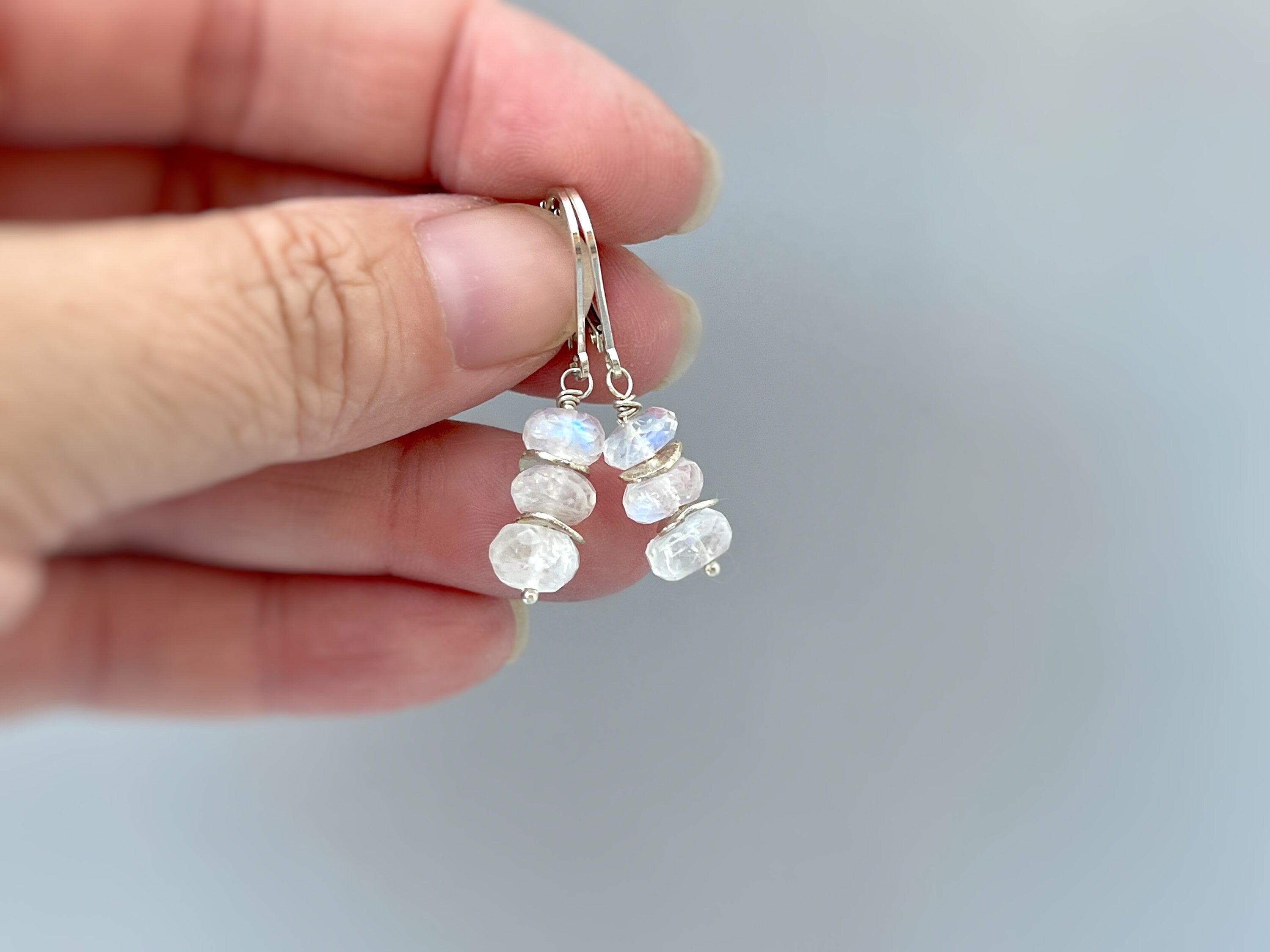 Blue Moonstone earrings dangle, Sterling Silver