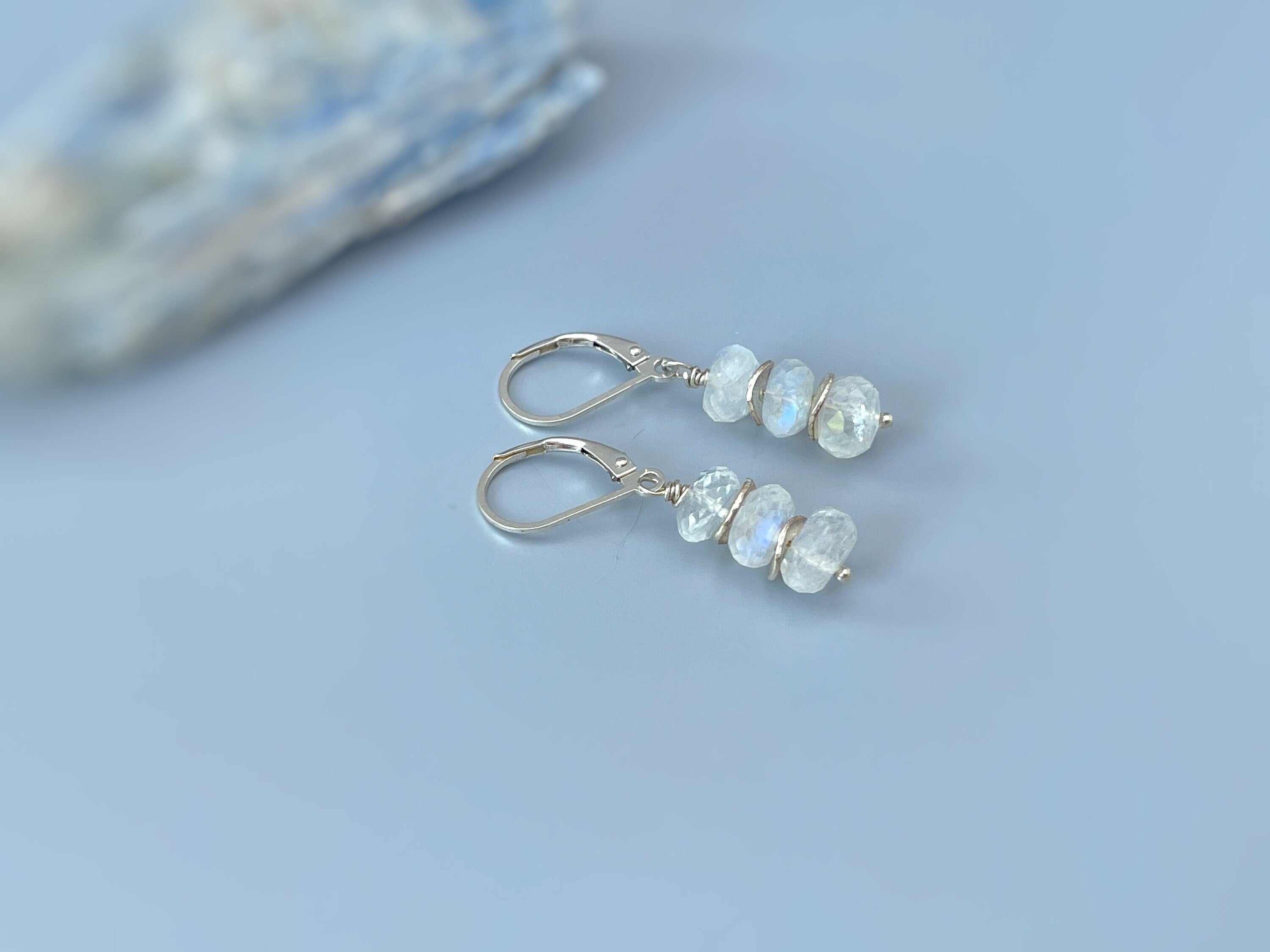 Blue Moonstone earrings dangle, Sterling Silver, Boho, Rose 14k Gold fill dangly handmade June Birthstone artisan gemstone jewelry for women