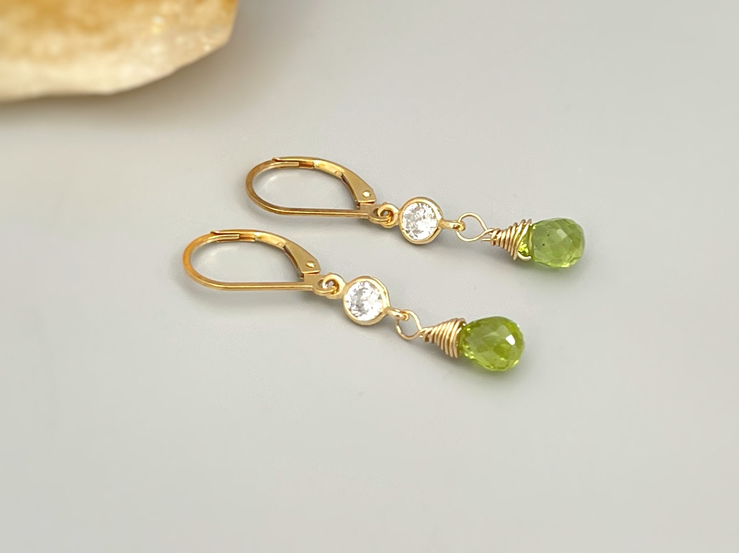 Dainty peridot earrings dangle, 14k Gold, silver dangly tear drop boho handmade green crystal jewelry for women, August Birthstone mom gift