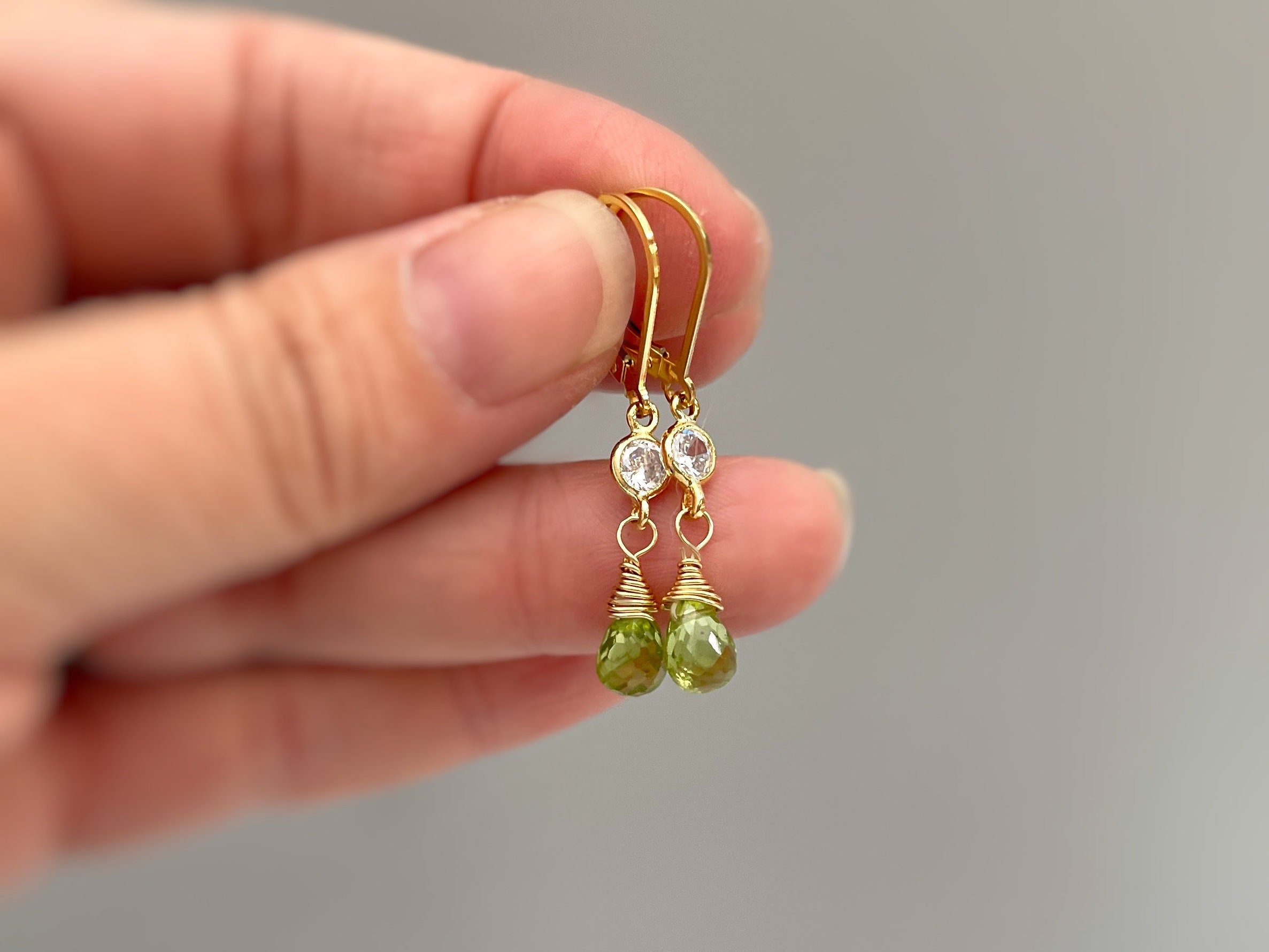 Dainty peridot earrings dangle, 14k Gold, silver dangly tear drop boho handmade green crystal jewelry for women, August Birthstone mom gift