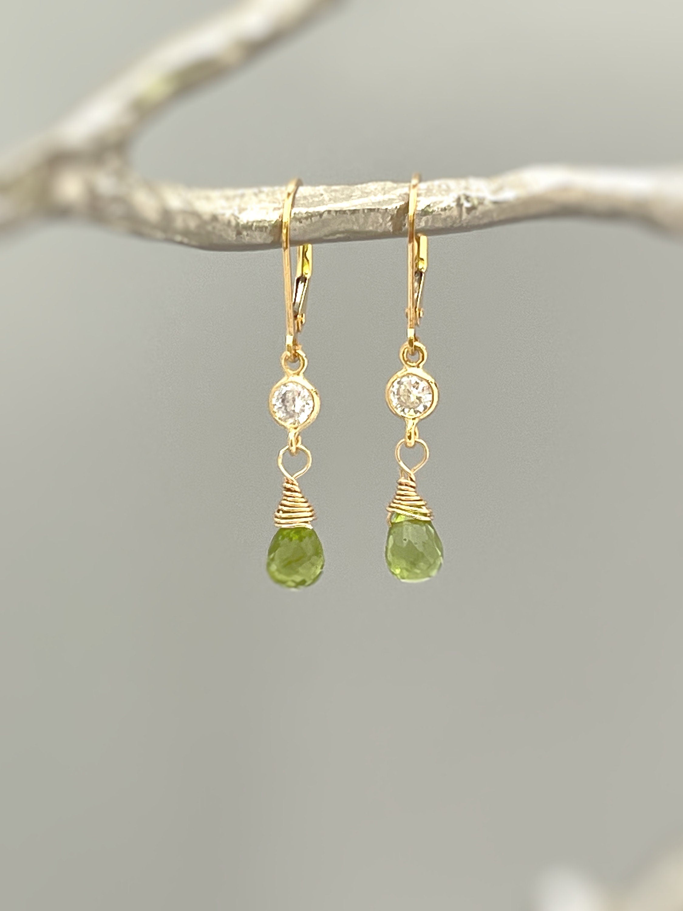 Dainty peridot earrings dangle, 14k Gold, silver dangly tear drop boho handmade green crystal jewelry for women, August Birthstone mom gift