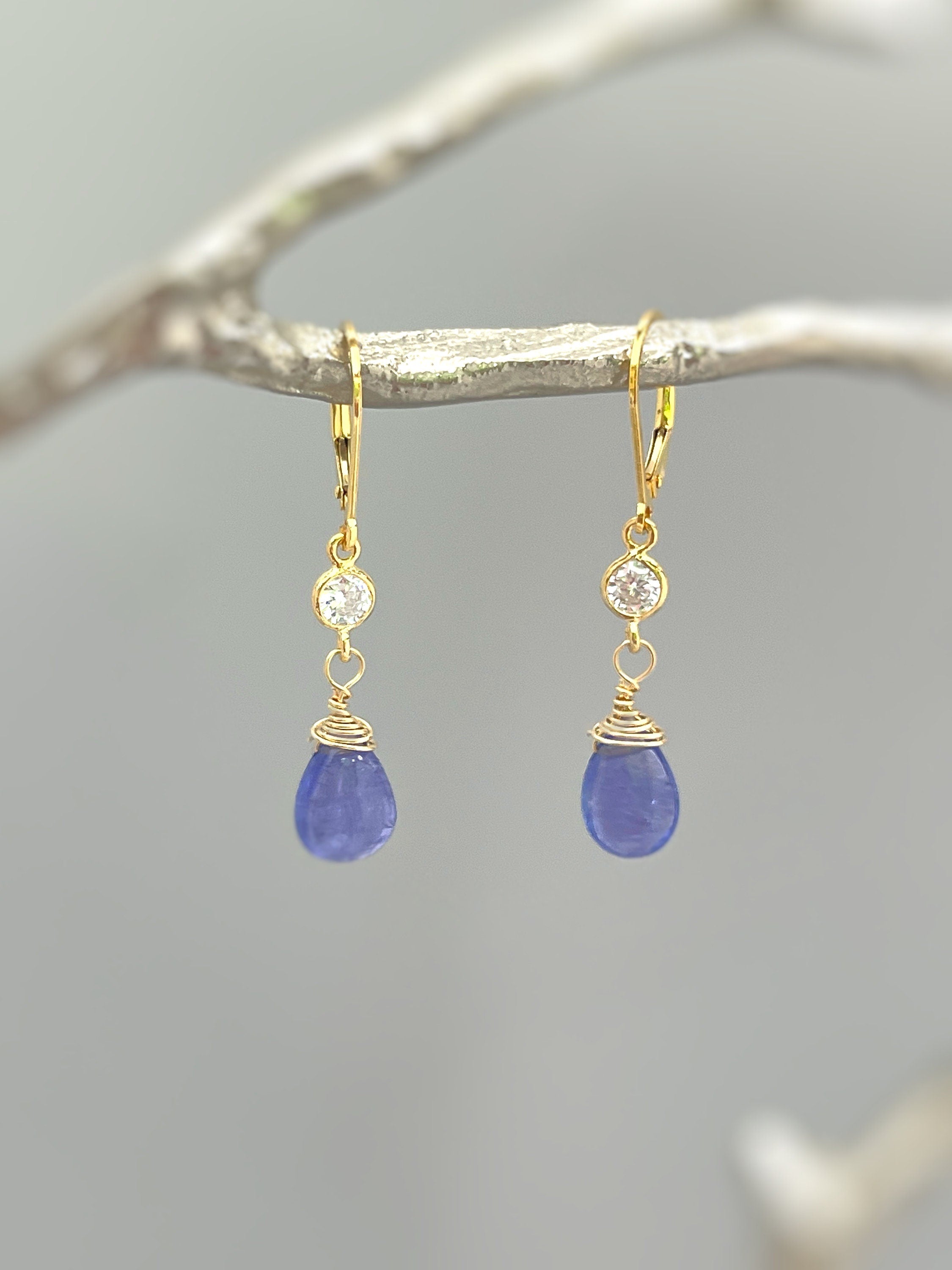 Dainty Tanzanite Earrings dangle, Gold Dangly purple gemstone crystal 14k Handmade December Birthstone Jewelry for women