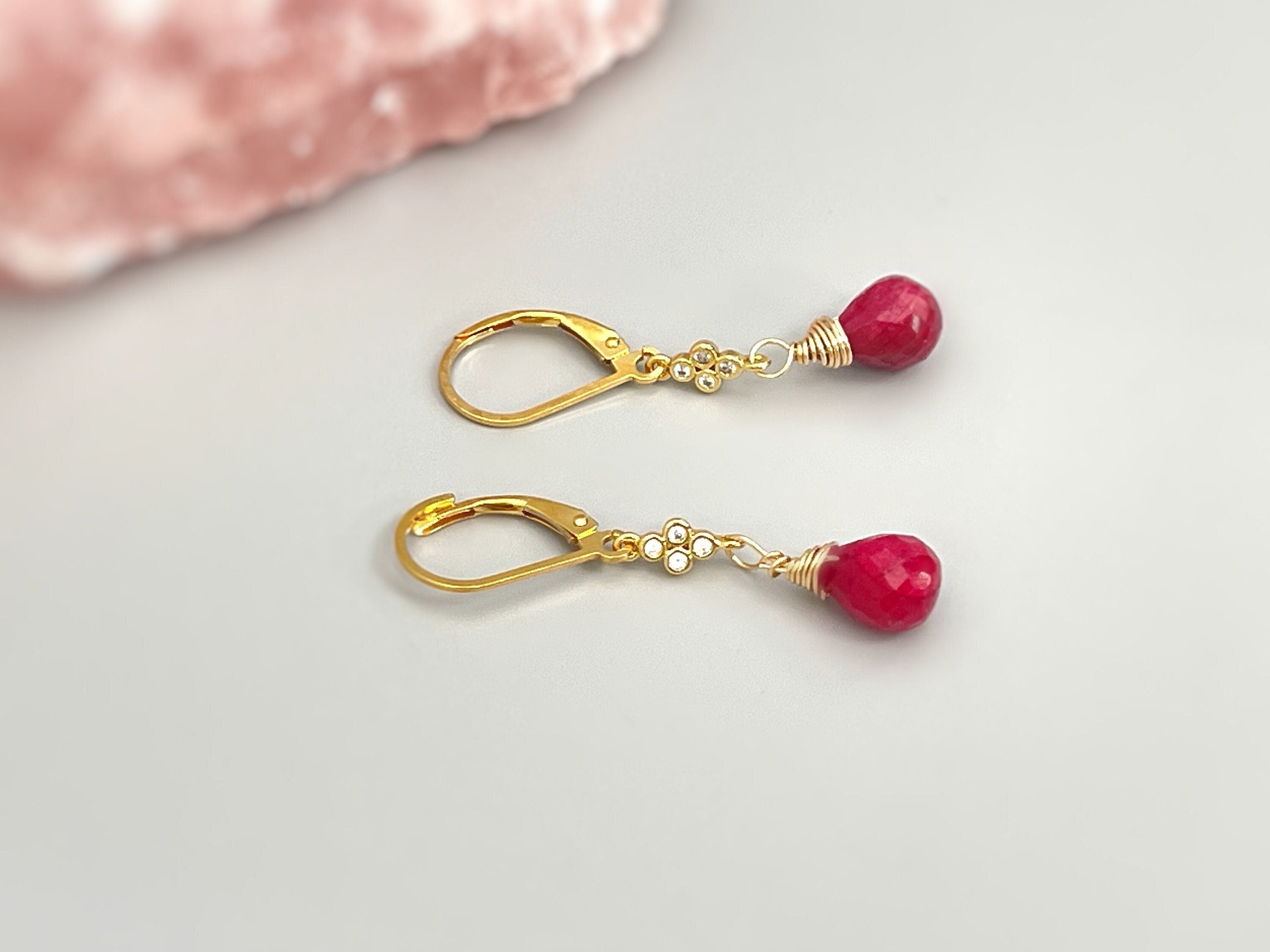 Ruby earrings dangle 14k Fill Gold, crystal