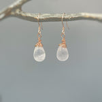 Rose Quartz Earrings Dangle Rose Gold, Sterling Silver Dangling smooth teardrop soft pink gemstone Handmade January birthstone jewelry gift