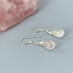 Rose Quartz Earrings Dangle Rose Gold, Sterling Silver Dangling smooth teardrop soft pink gemstone Handmade January birthstone jewelry gift
