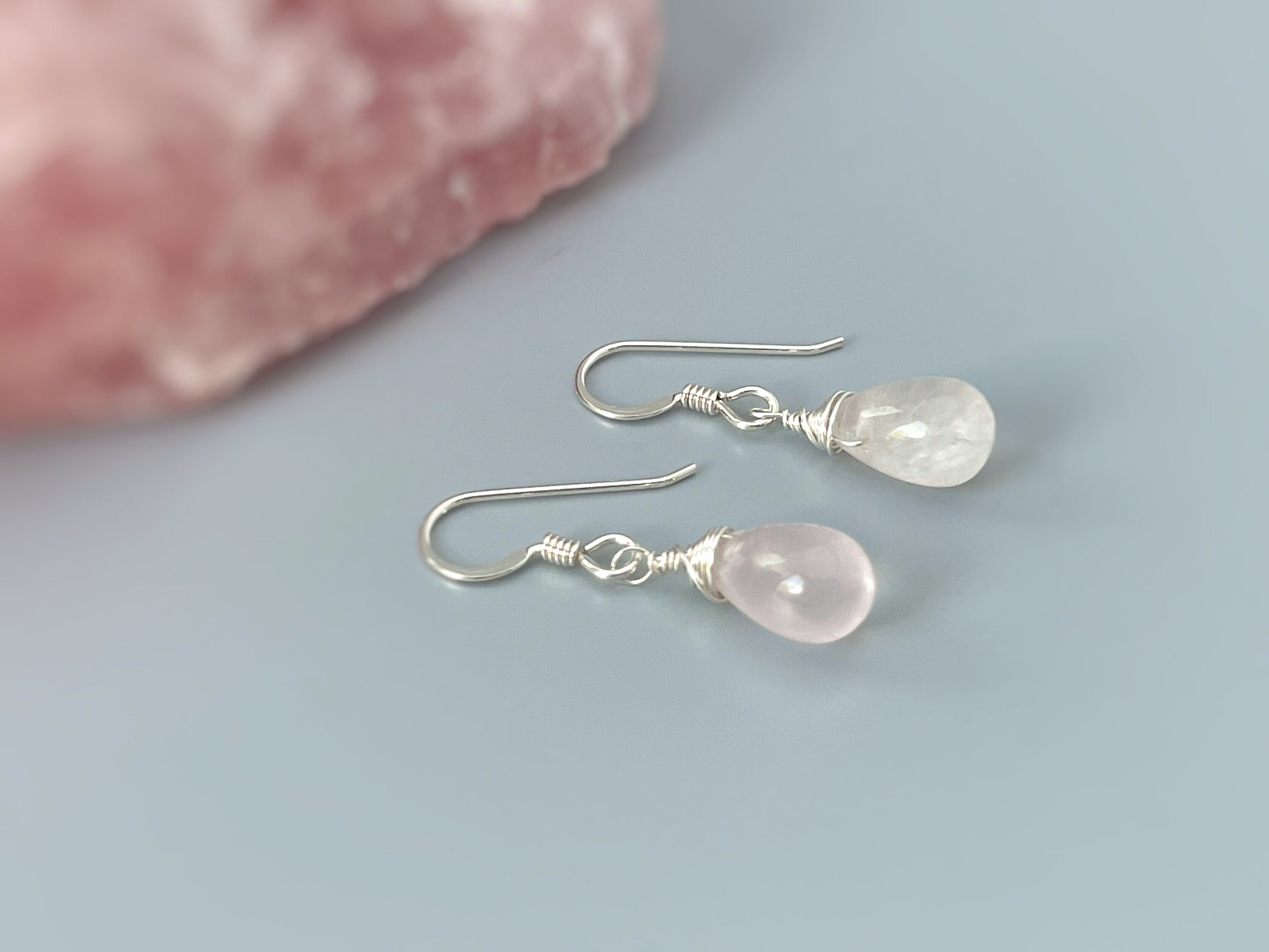 Rose Quartz Earrings Dangle Rose Gold, Sterling Silver Dangling smooth teardrop soft pink gemstone Handmade January birthstone jewelry gift