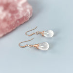 Rose Quartz Earrings Dangle Rose Gold, Sterling Silver Dangling smooth teardrop soft pink gemstone Handmade January birthstone jewelry gift