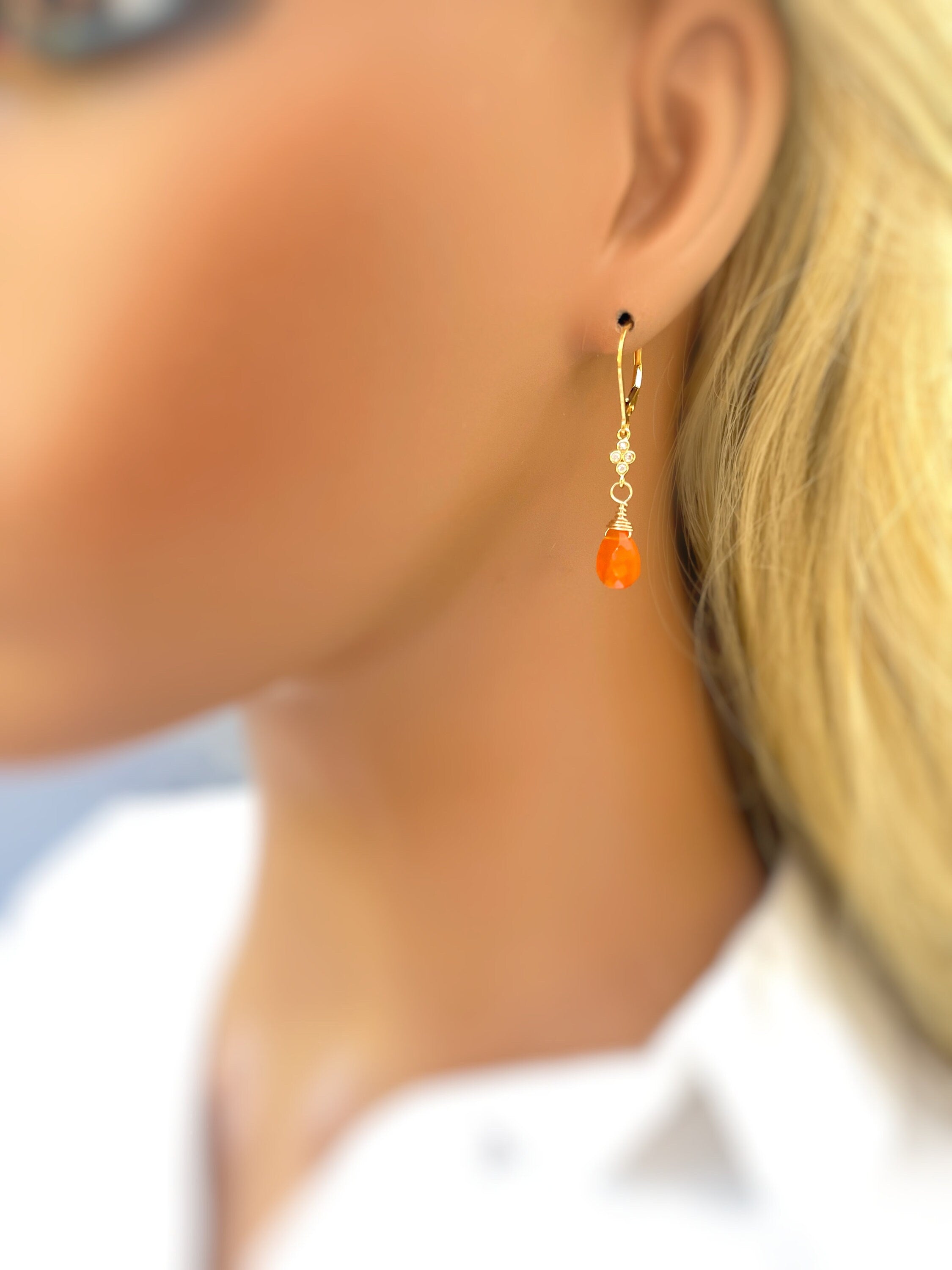 Carnelian earrings dangle, 14k gold, Sterling Silver, Crystal boho jewelry