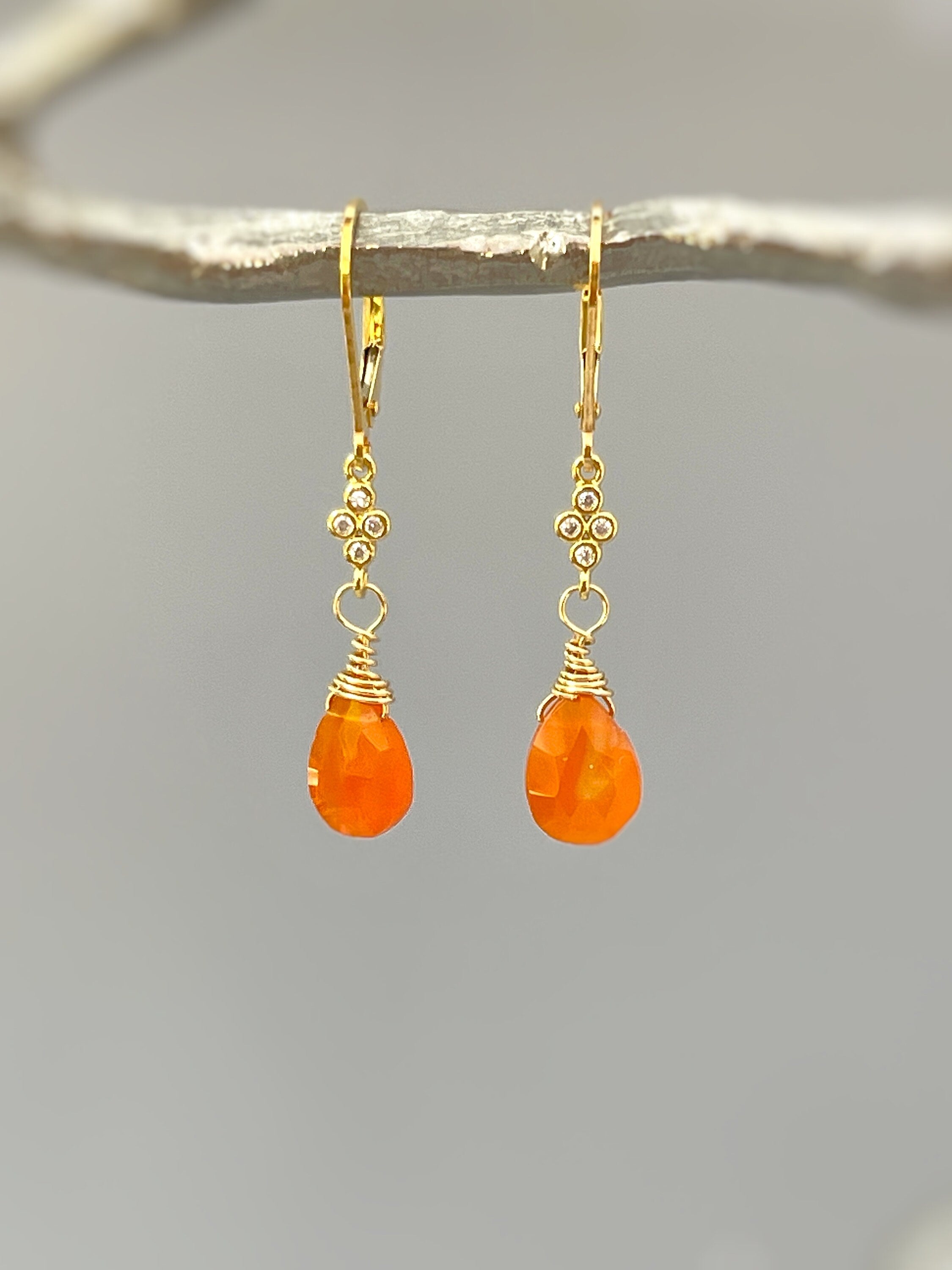 Carnelian earrings dangle, 14k gold, Sterling Silver, Crystal boho jewelry