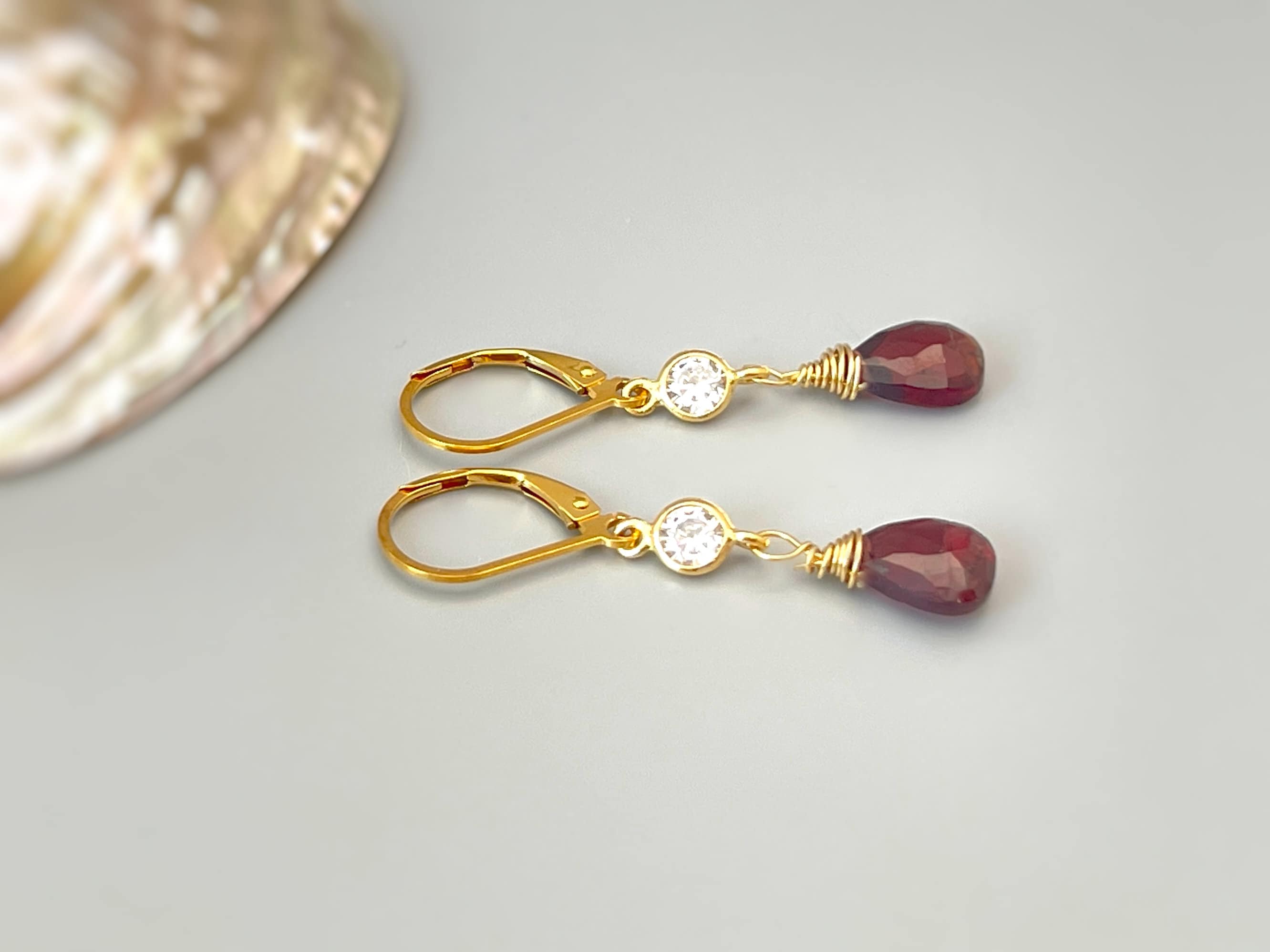 Dainty Crystal and Garnet Earrings dangle Gold