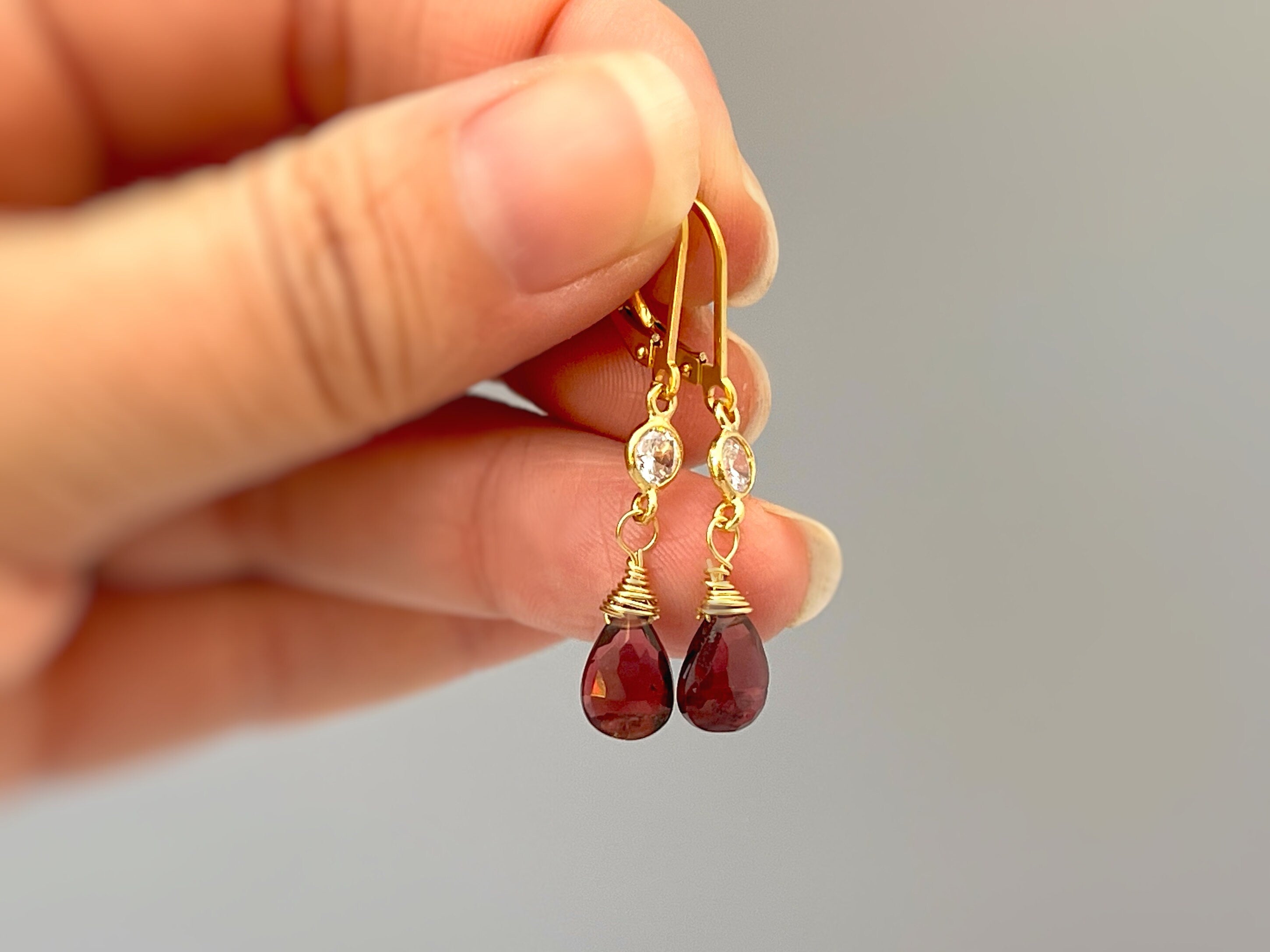 Dainty Garnet Earrings dangle, 14k Gold Dangly red gemstone crystal 14k unique Handmade January Birthstone Jewelry for women gift for mom