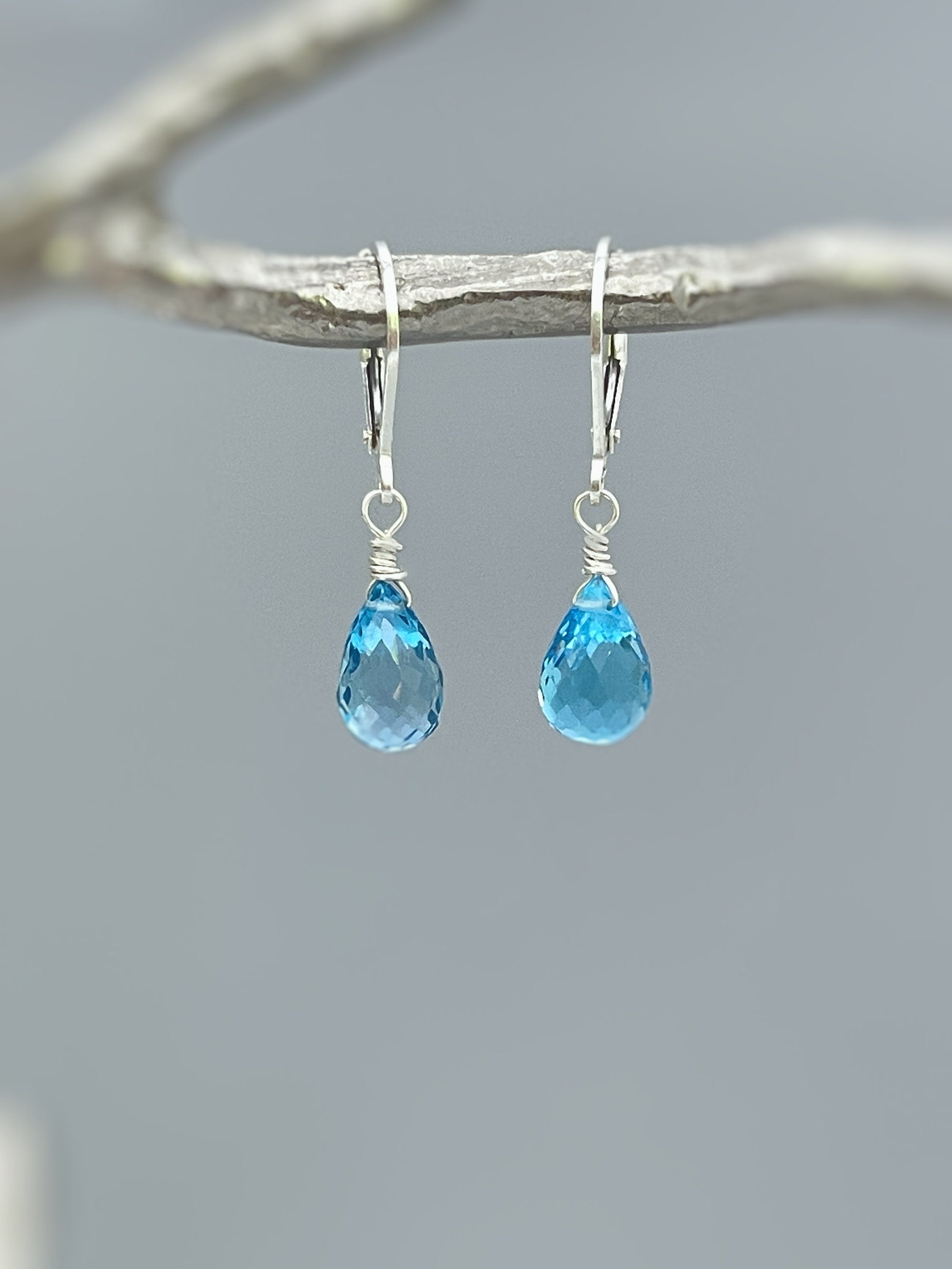 Swiss Blue Topaz earrings dangle, solid 14k Gold, silver, rose gold