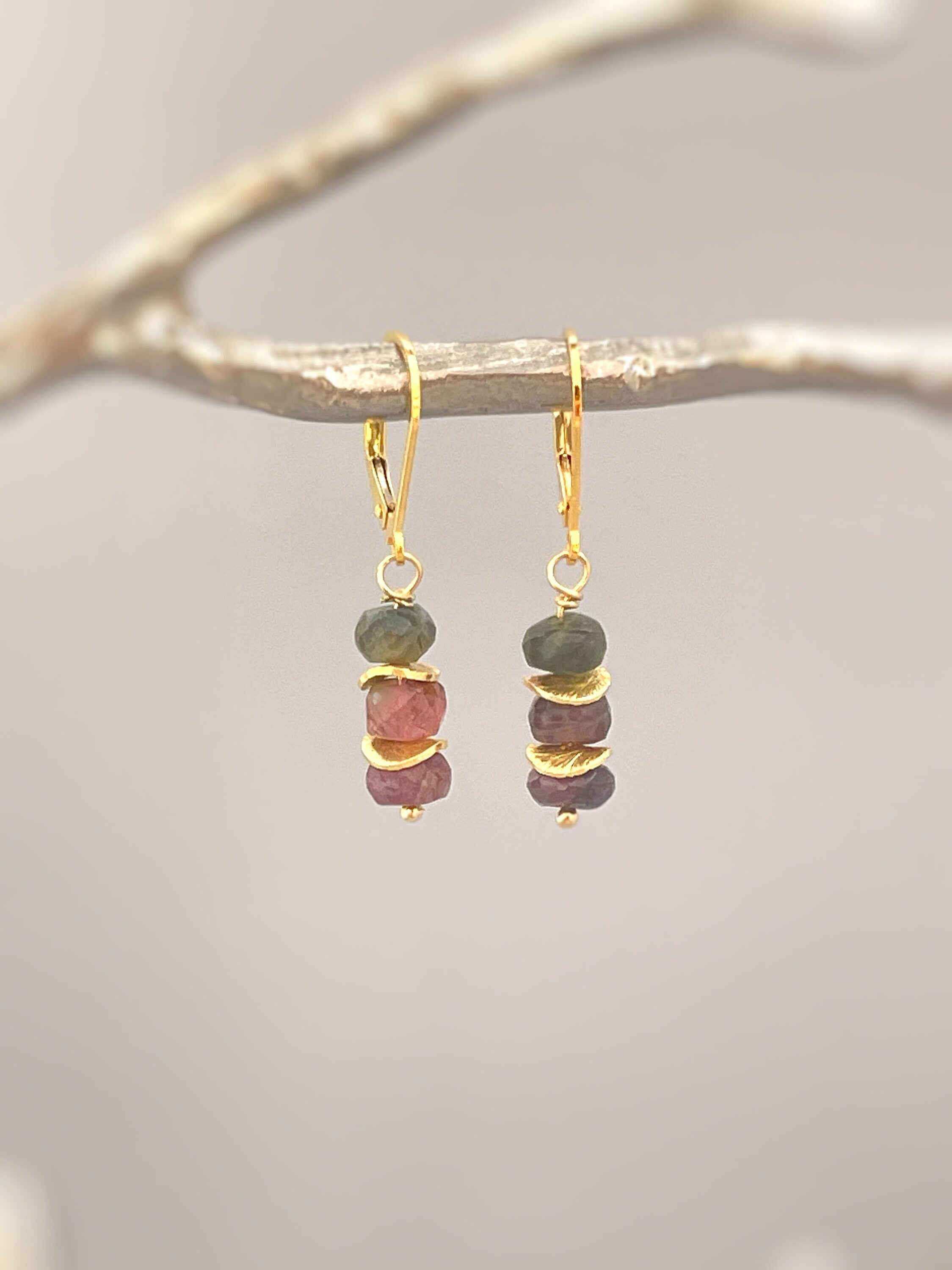 Watermelon Tourmaline Earrings dangle, 14k gold boho gemstone jewelry