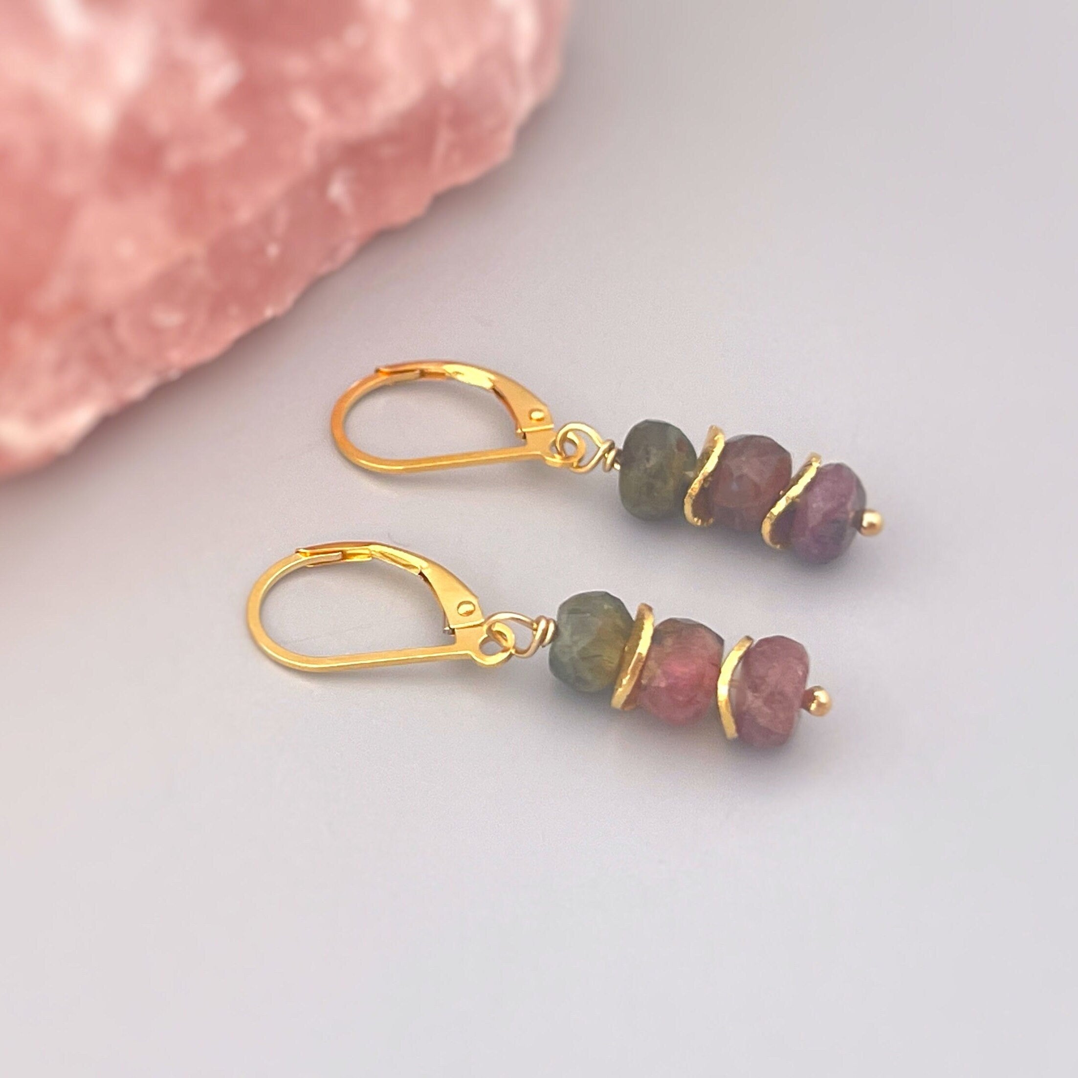 Watermelon Tourmaline Earrings dangle, 14k gold boho gemstone jewelry