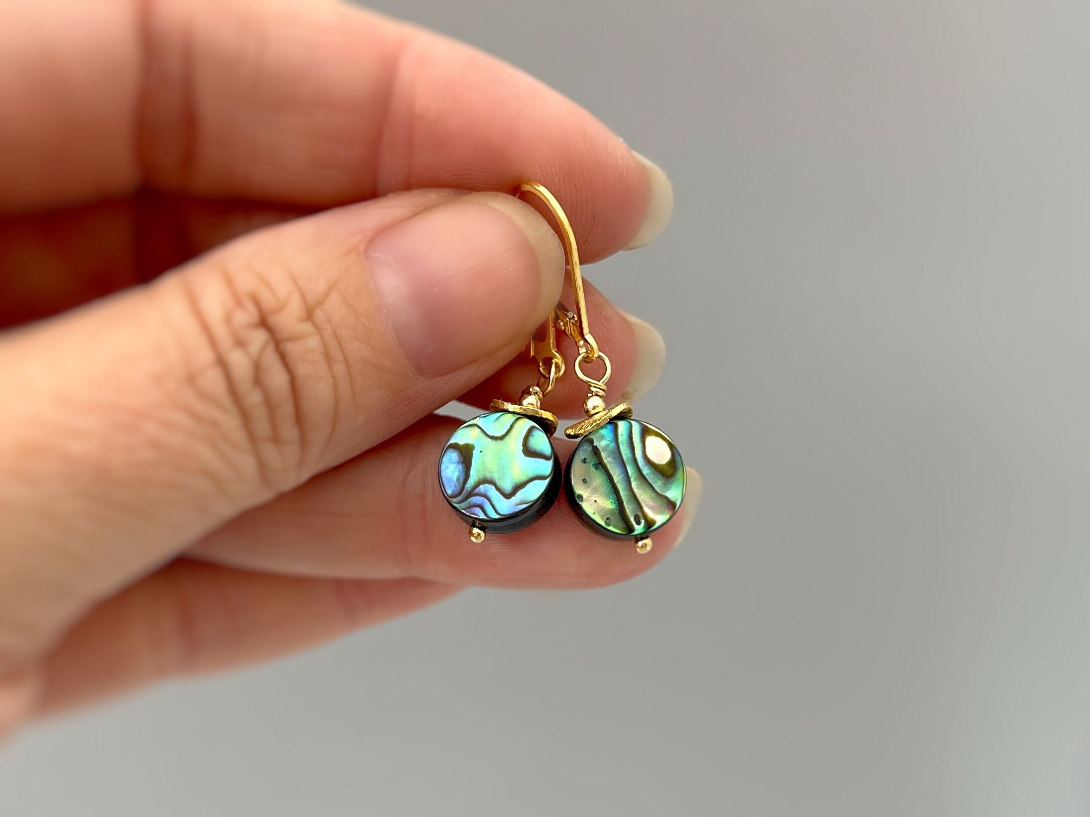 Dainty Abalone Shell Earrings dangle gold