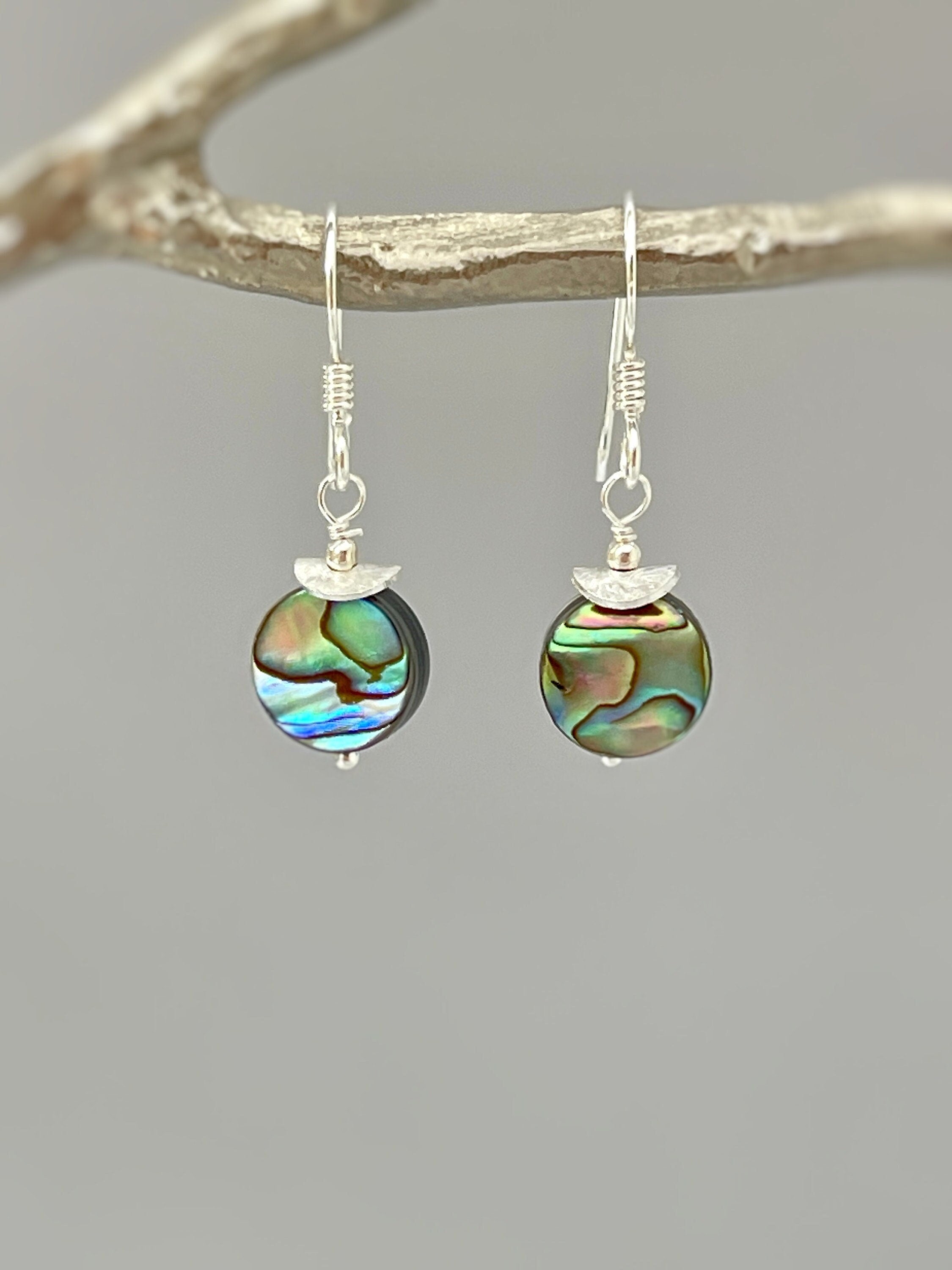 Dainty Abalone Shell Earrings dangle Sterling Silver