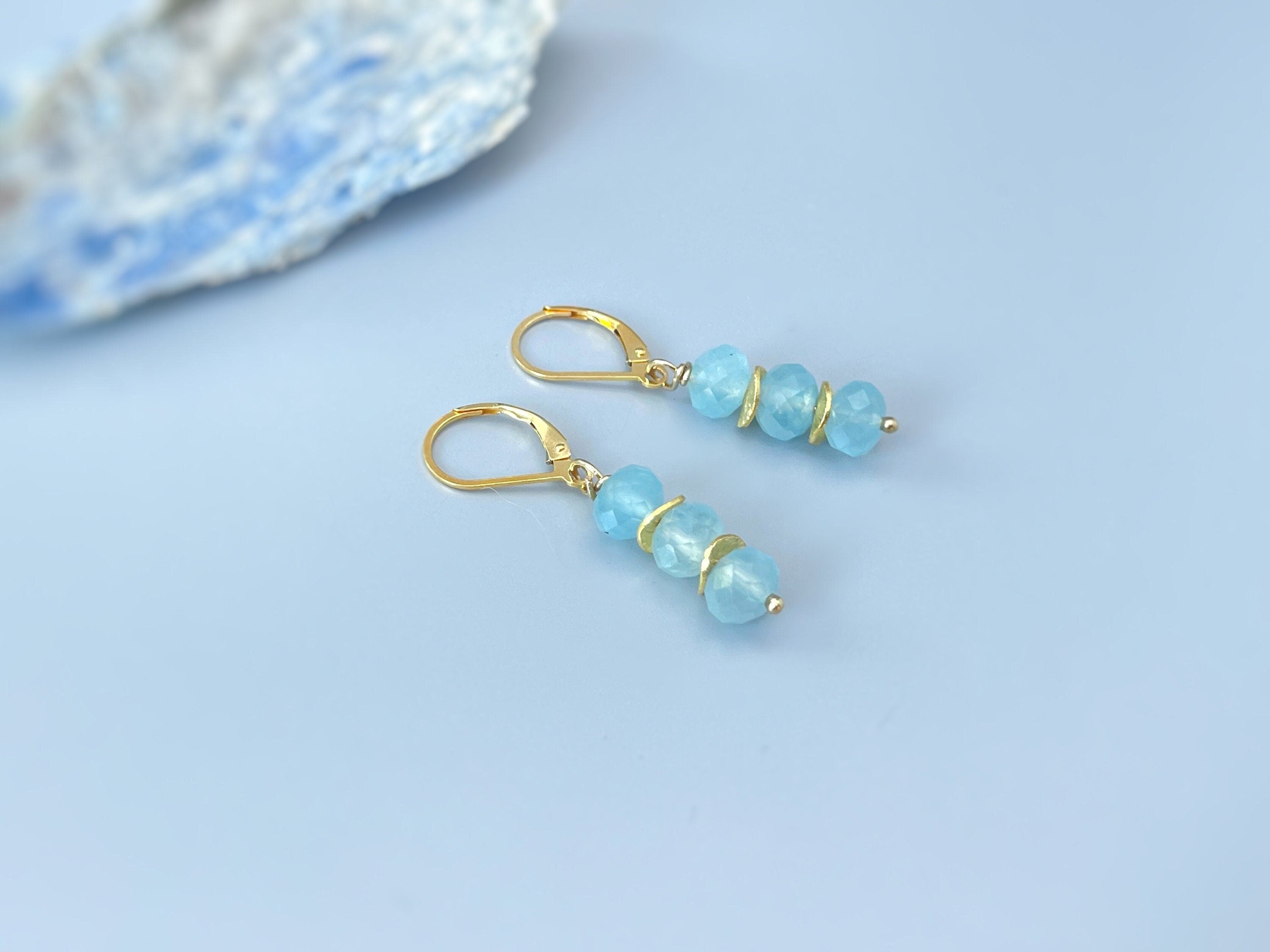 Aquamarine earrings dangle, Rose Gold