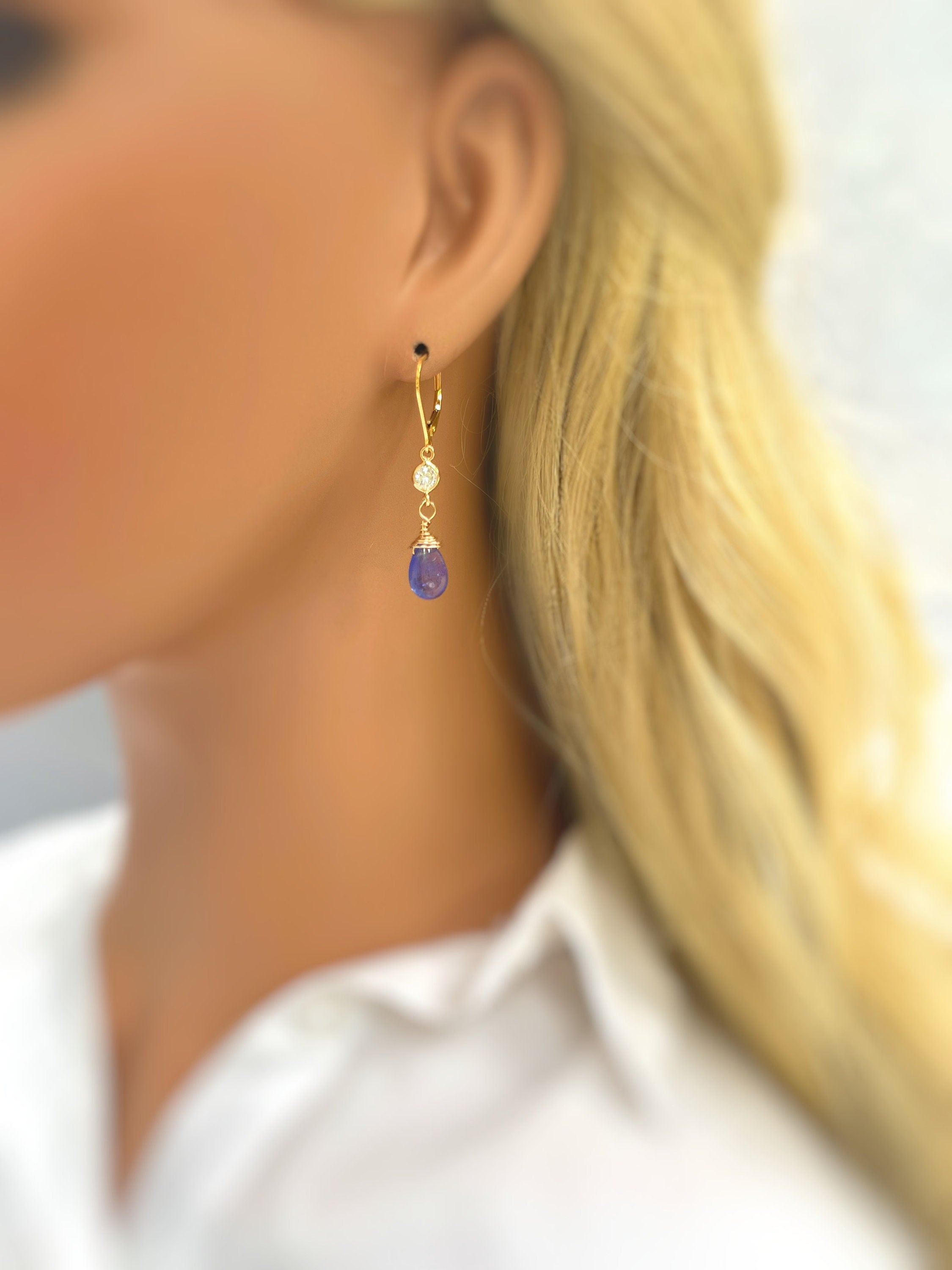 Dainty Tanzanite Earrings dangle, Gold Dangly purple gemstone crystal 14k Handmade December Birthstone Jewelry for women